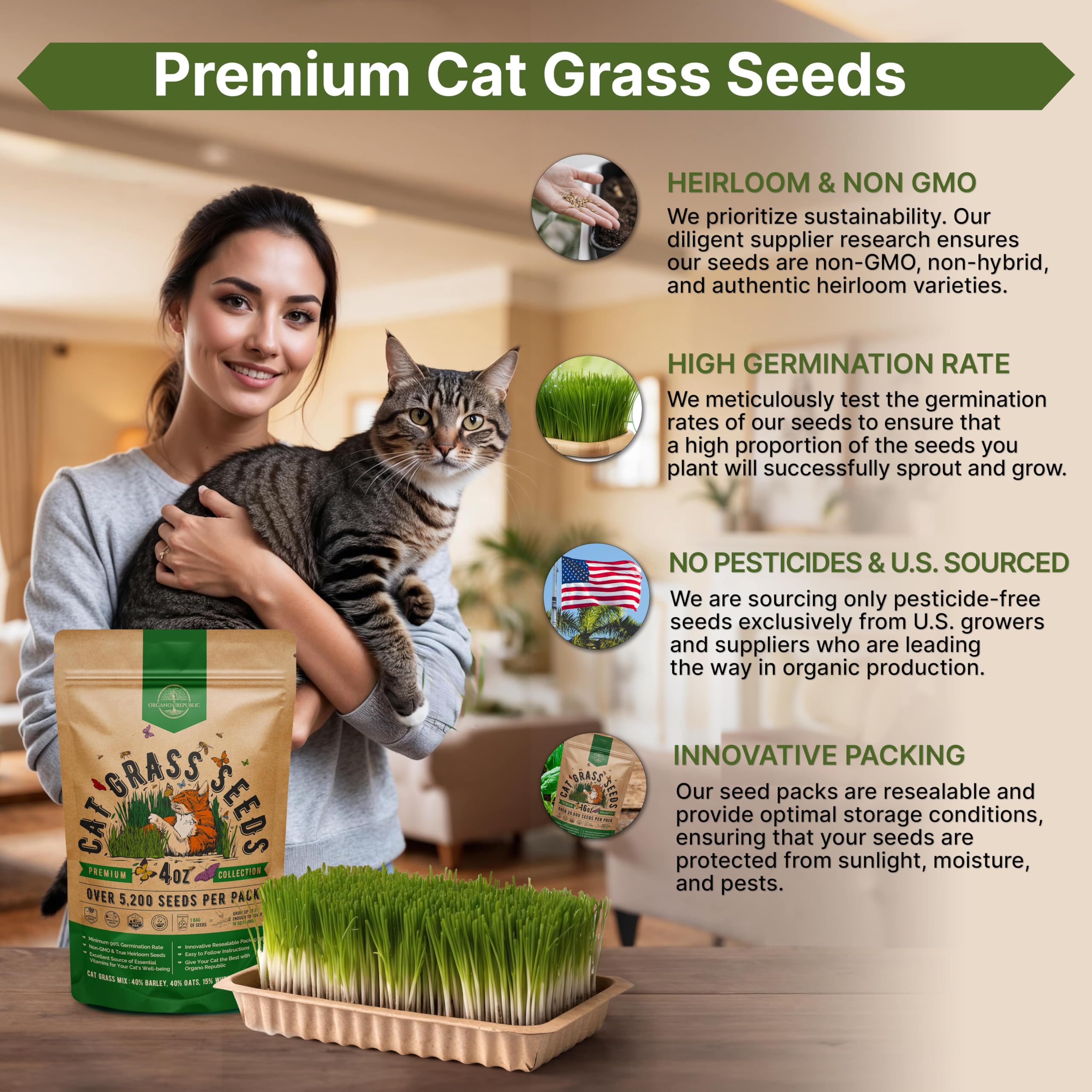 Organo Republic Cat Grass Seeds Mix US-sourced Florida facility seal