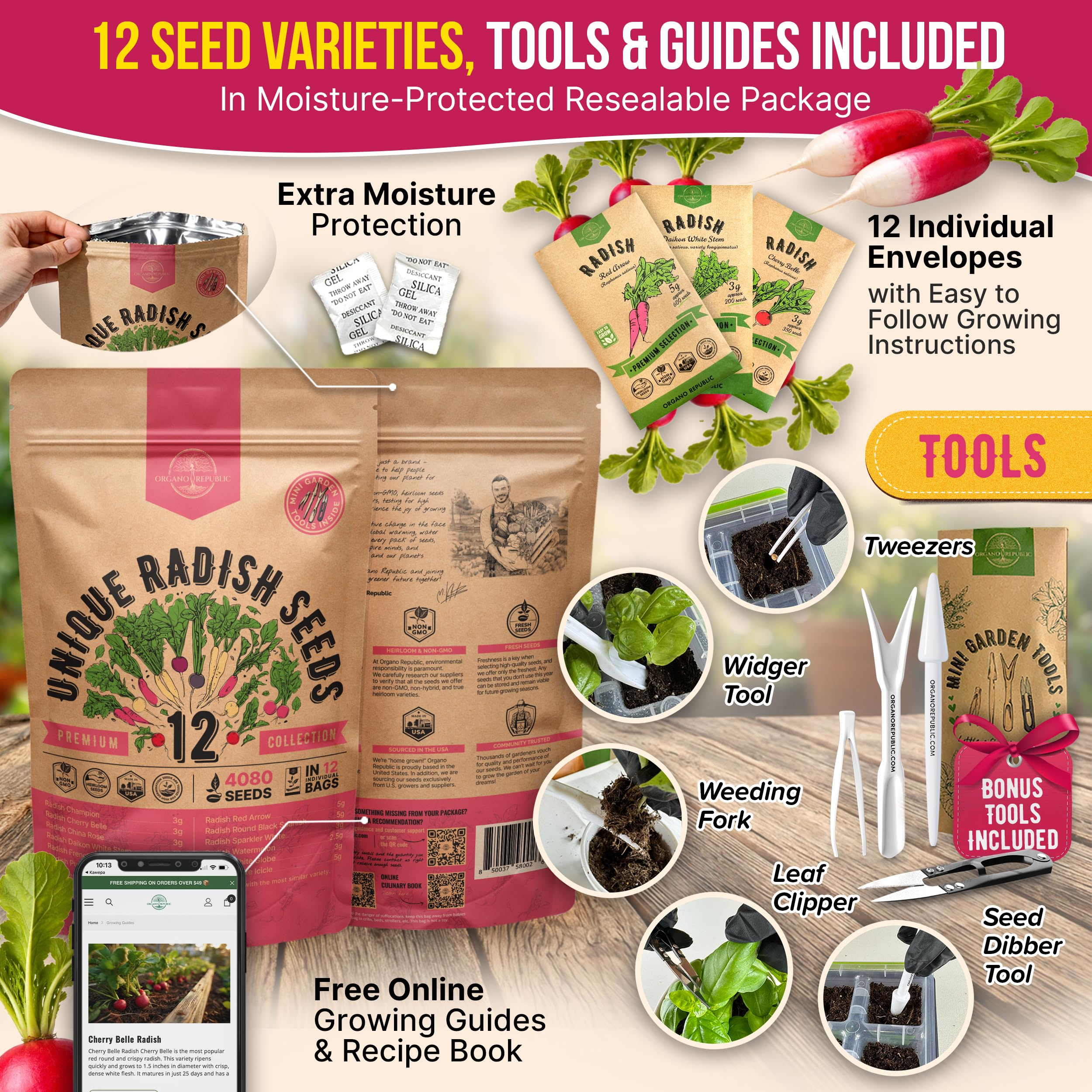 Organo Republic Cherry Belle radish seeds pack with fast sprouting potential.