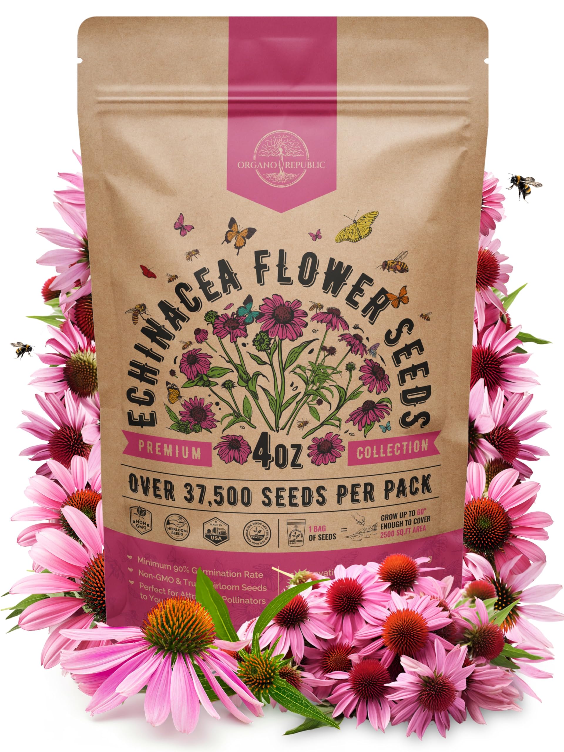 Organo Republic echinacea seeds pack 4oz ready for planting in perennial gardens.