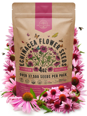 Organo Republic echinacea seeds pack 4oz ready for planting in perennial gardens.