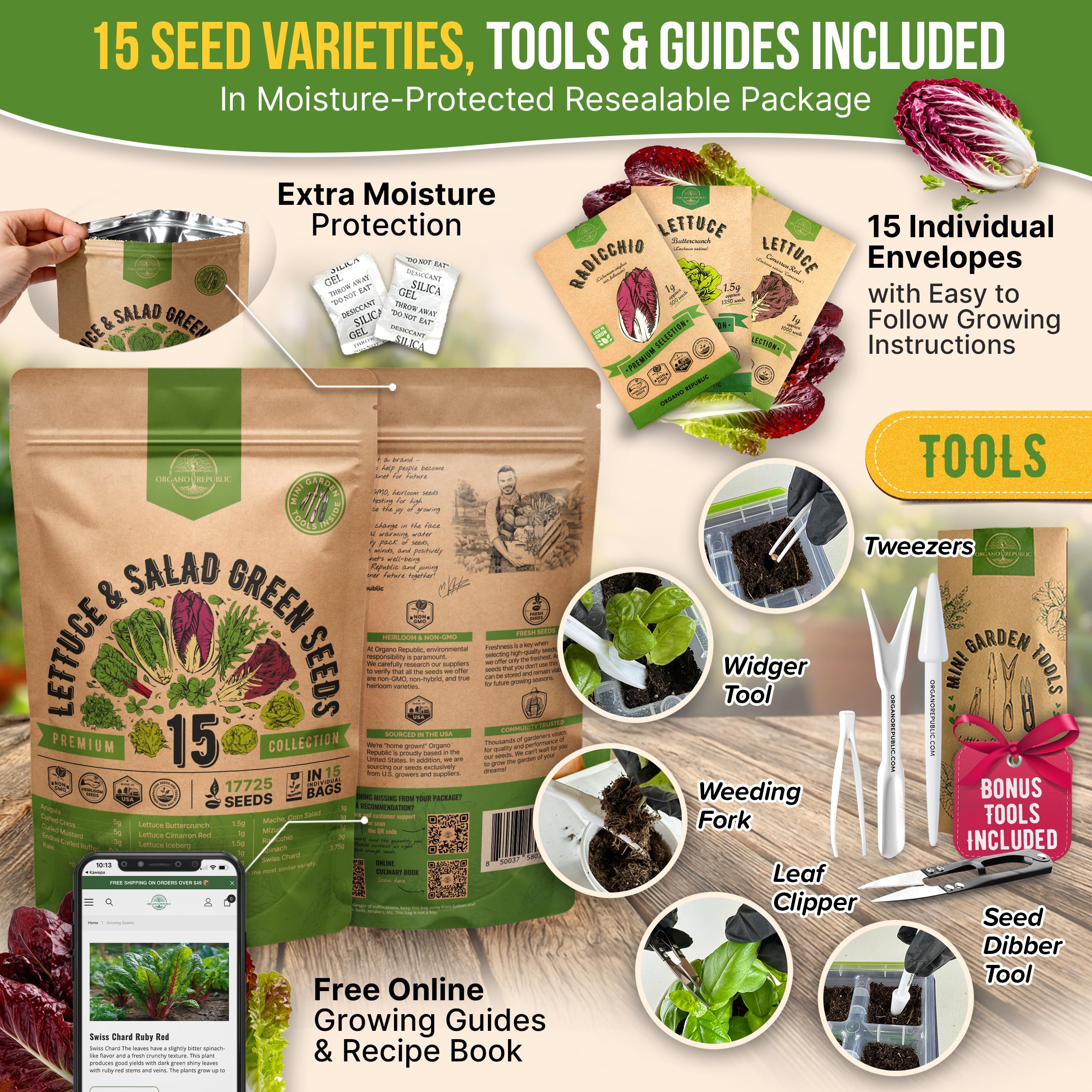 Organo Republic garden tool kit included for quick seeding and maintenance.