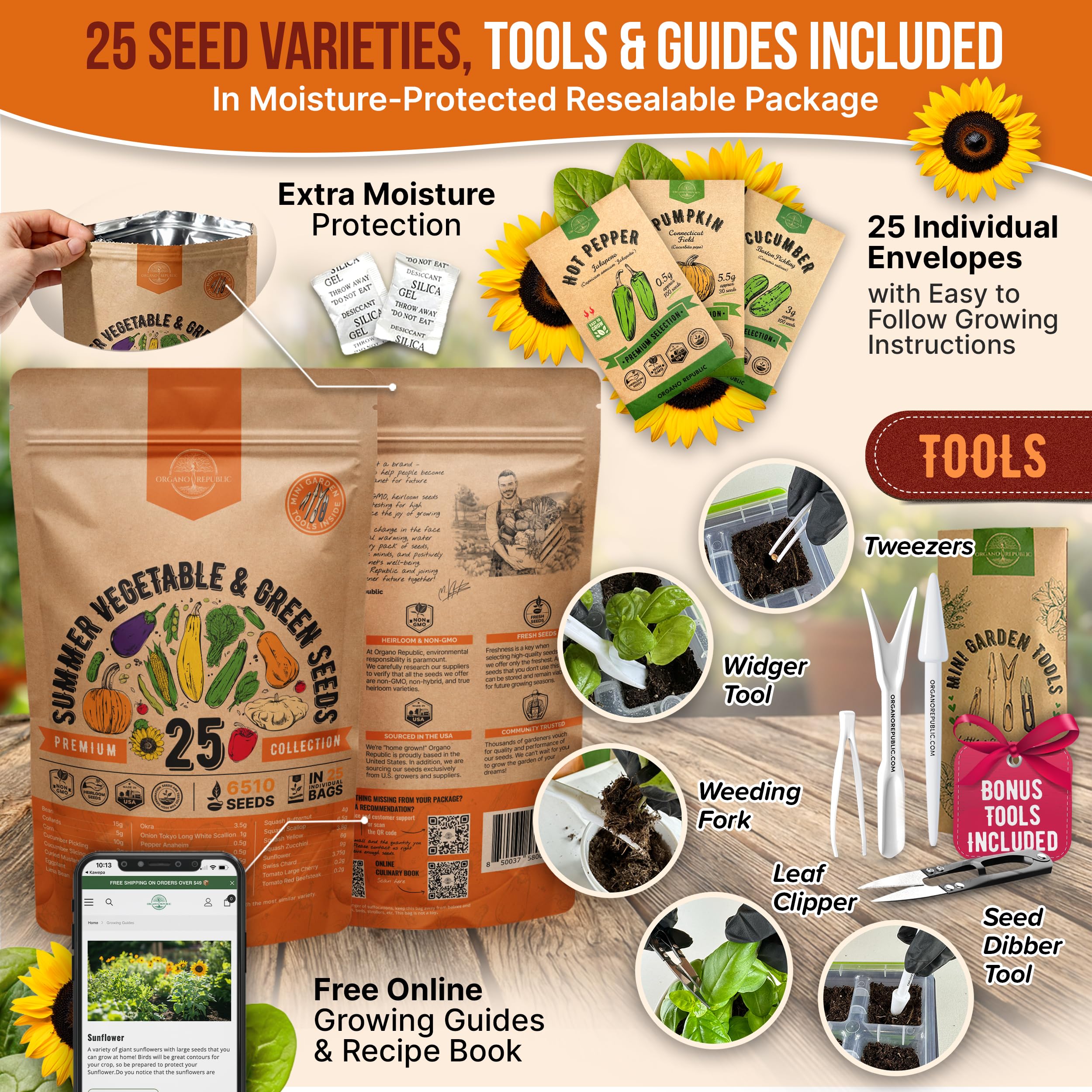 Organo Republic gardening tools included simplify planting and seed handling.