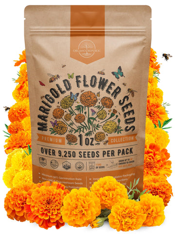 Organo Republic marigold seeds pack 1oz with premium non-GMO heirloom seeds for vibrant blooms.