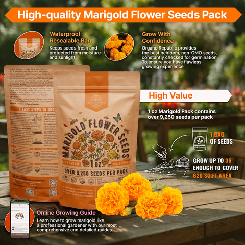 Organo Republic marigold seeds waterproof bag keeps seeds protected from moisture and sunlight for freshness.