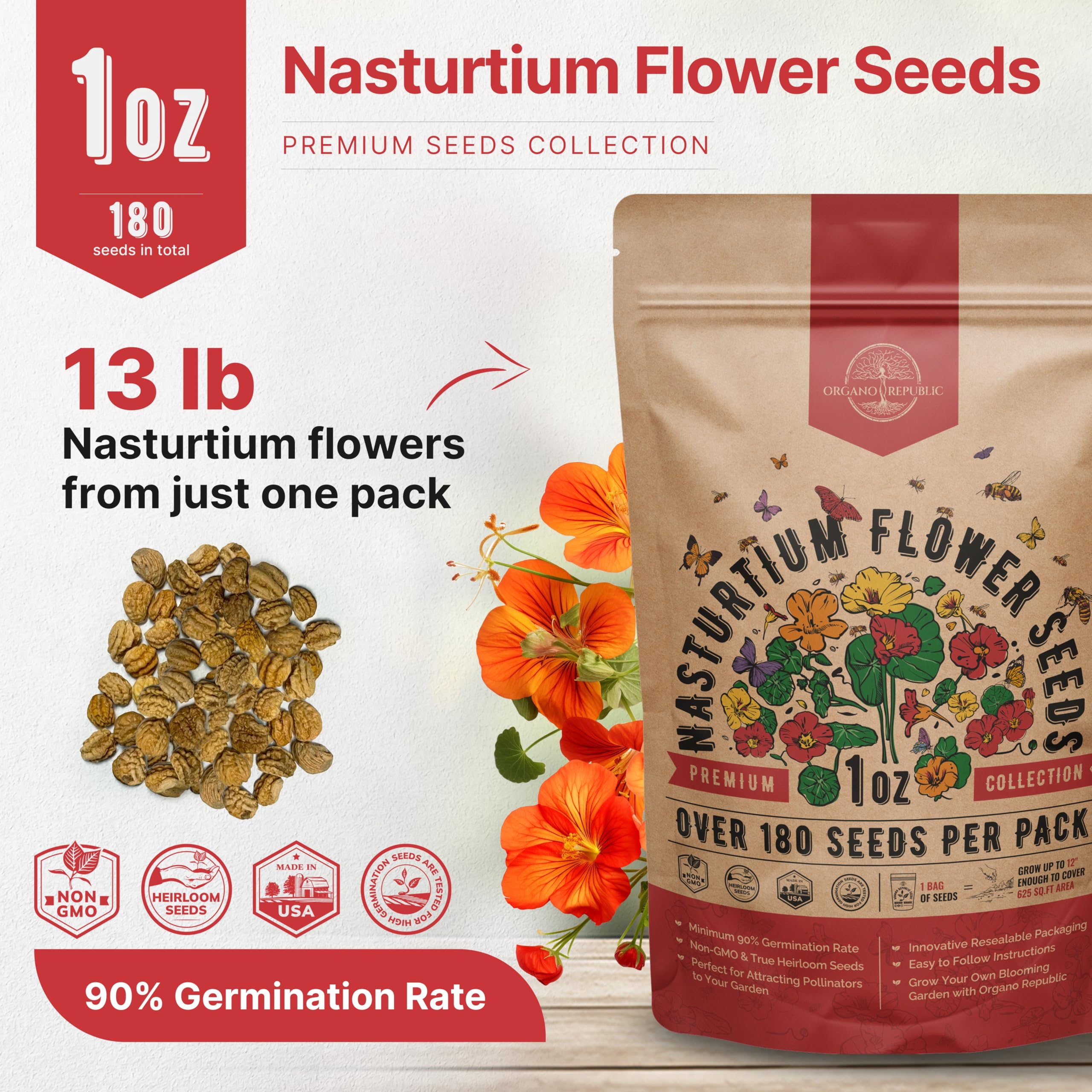 Organo Republic nasturtium seeds offer a high germination rate for easy growth
