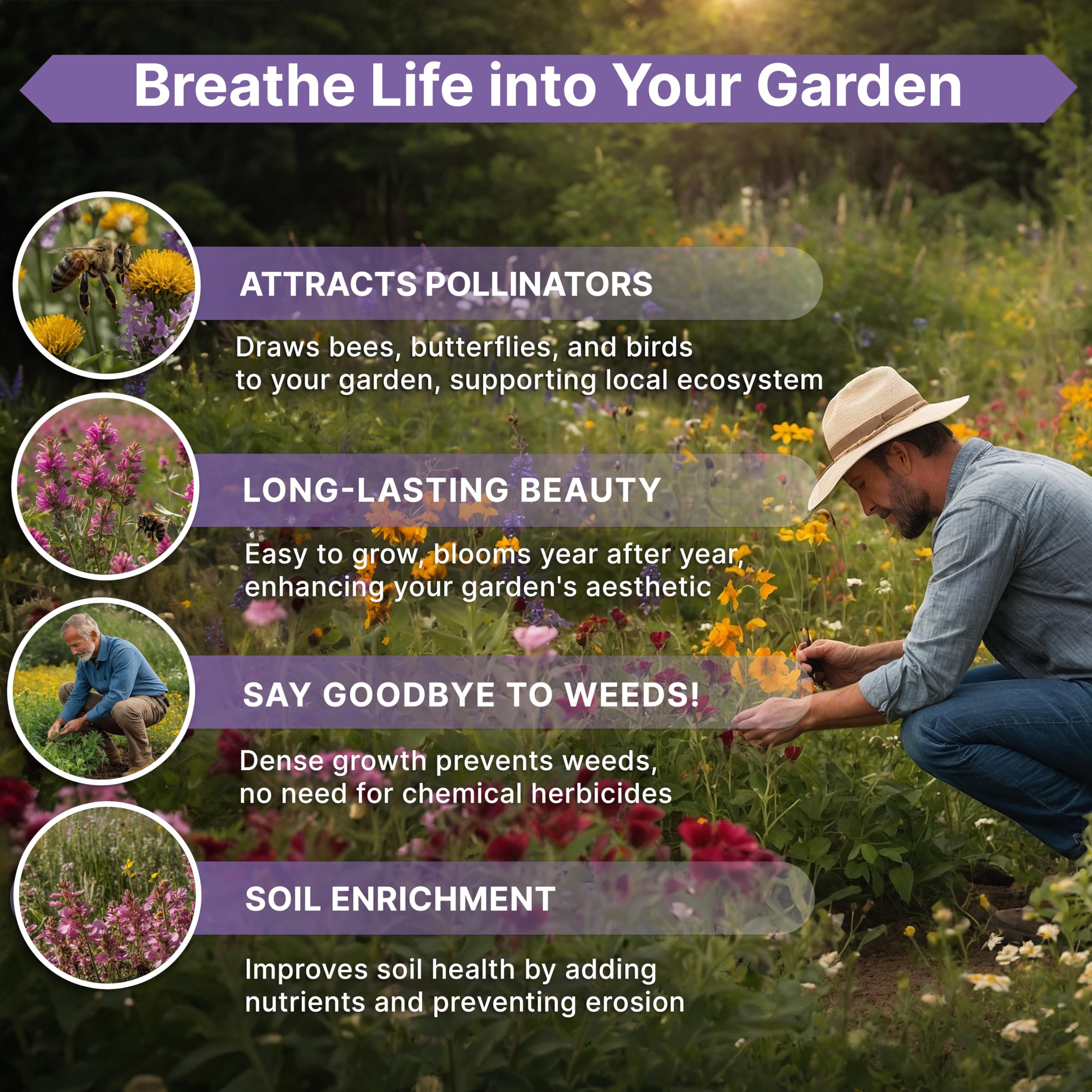 Organo Republic pollinators in meadow, attracting bees and butterflies.