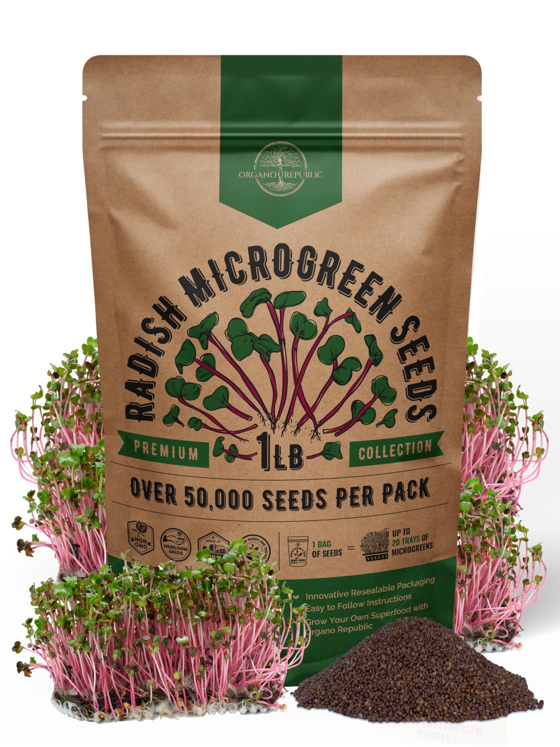 Organo Republic radish sprouting seeds in a resealable 1lb bag for year-round microgreens.