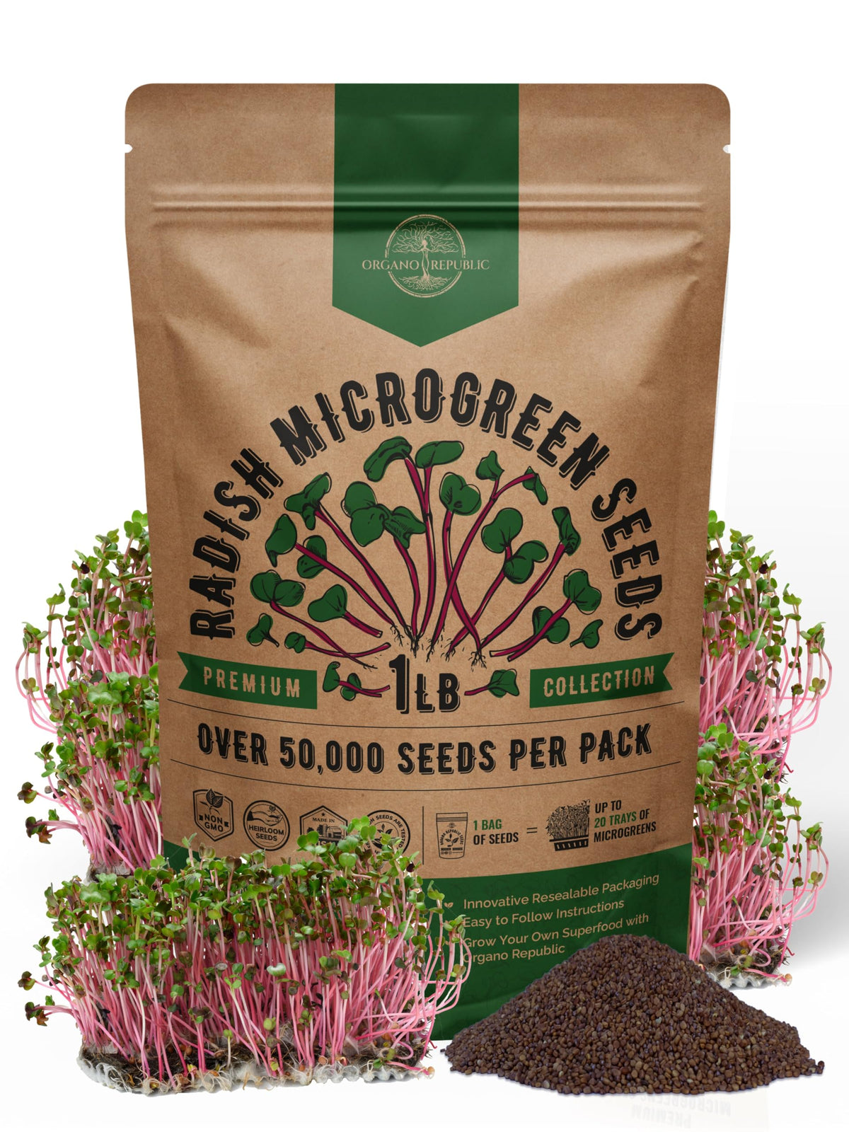 Organo Republic radish sprouting seeds in a resealable 1lb bag for year-round microgreens.