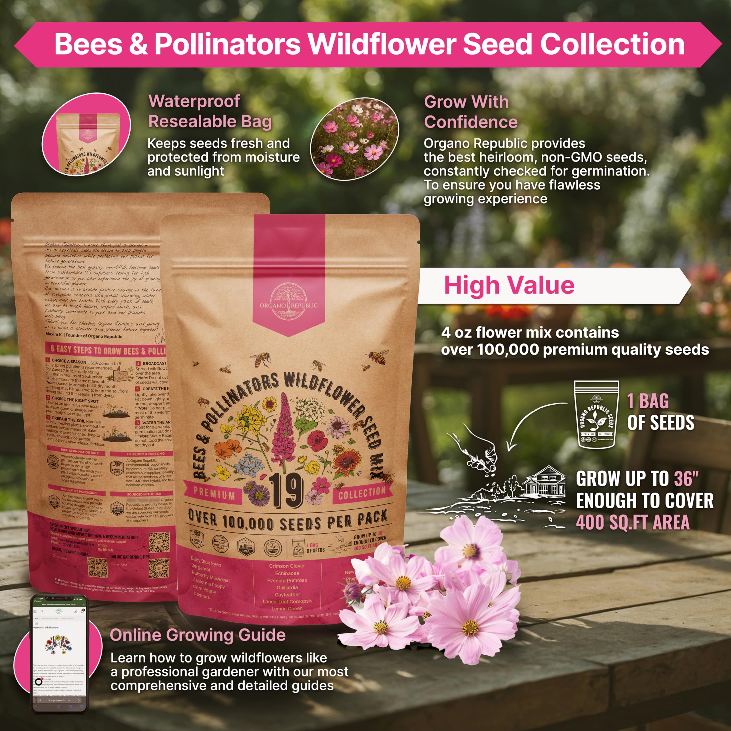 Organo Republic resealable 4oz seed packet with QR code for easy storage and growing guides