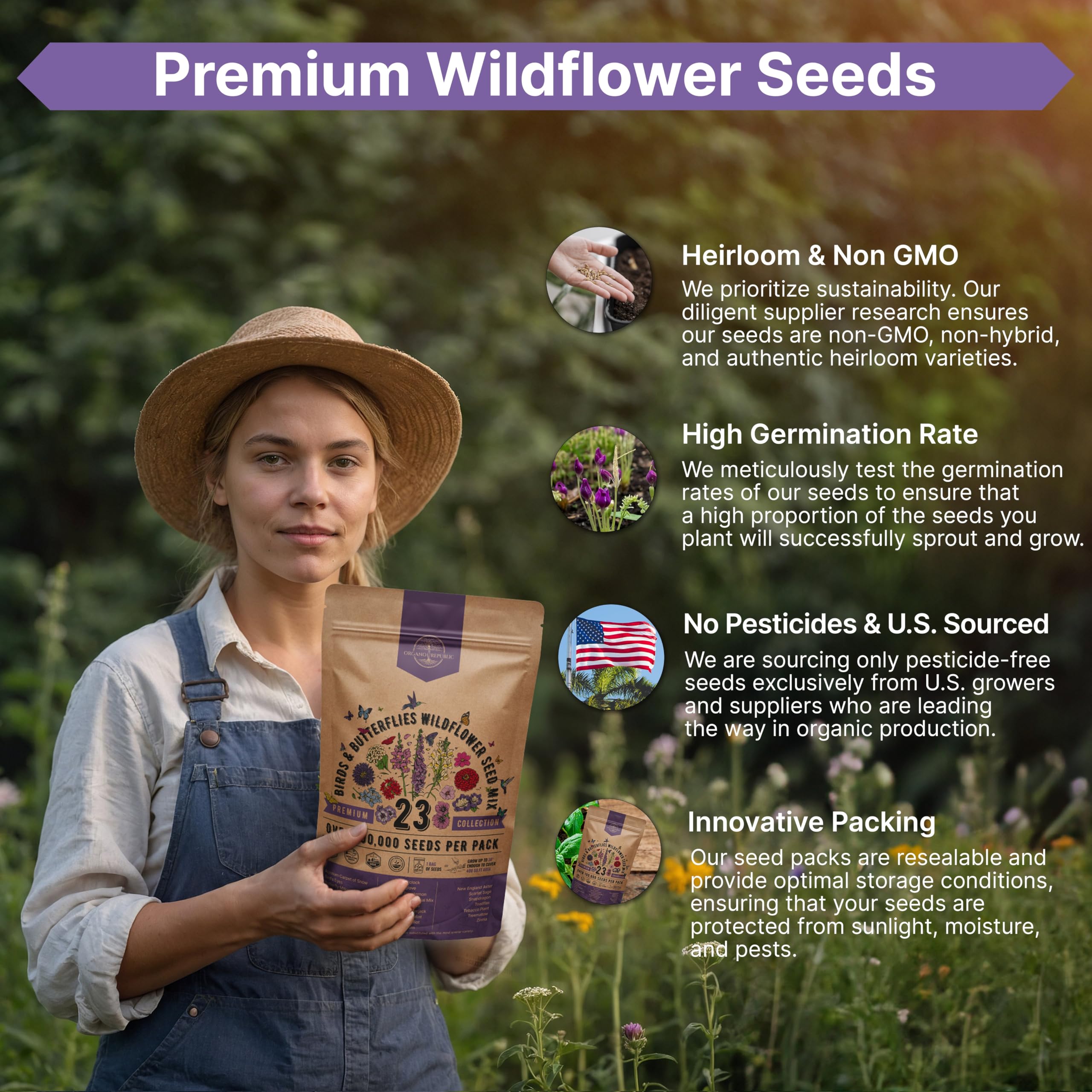 Organo Republic resealable seed packet with QR label, easy storage tips.