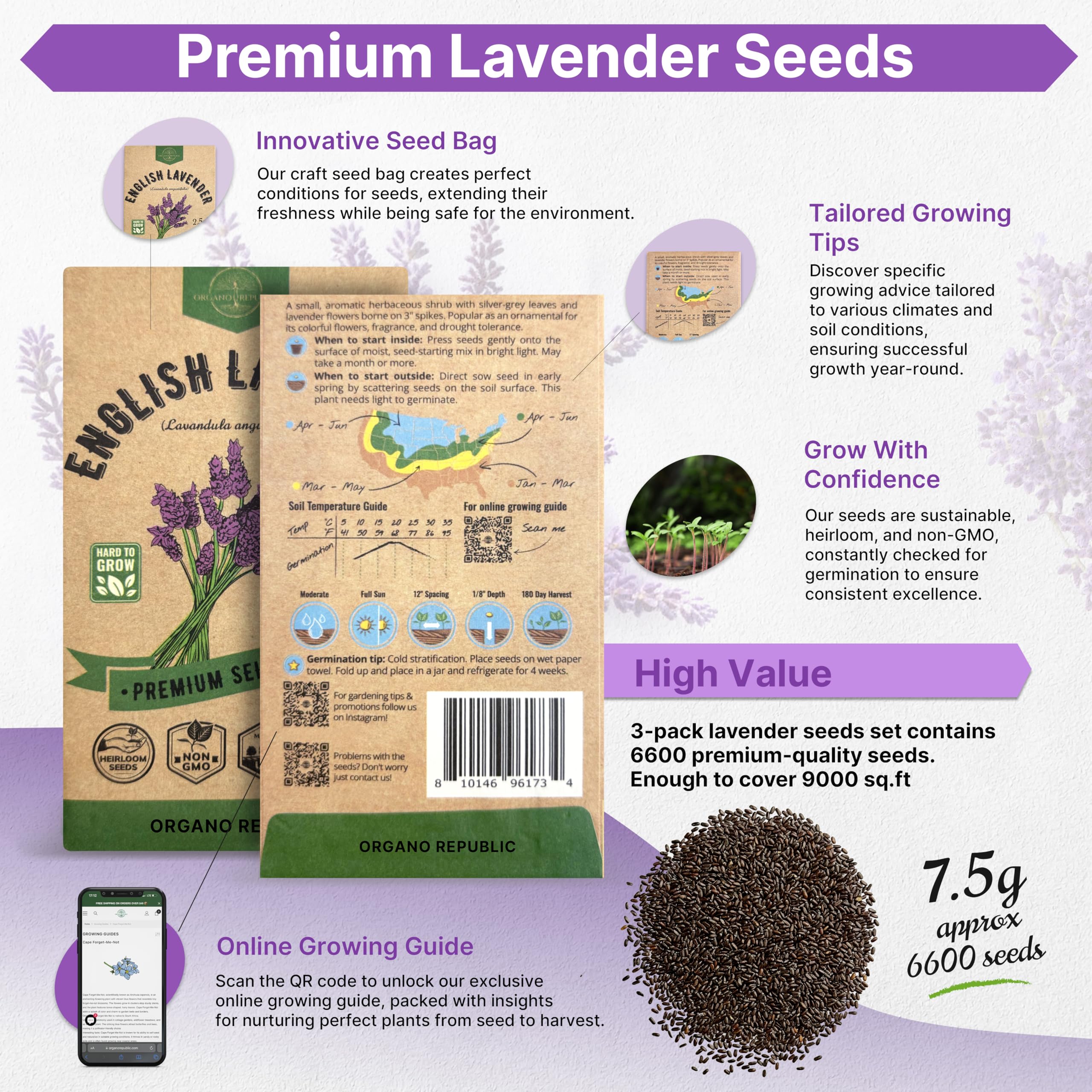 Organo Republic lavender seeds in protective envelopes shield light and moisture.