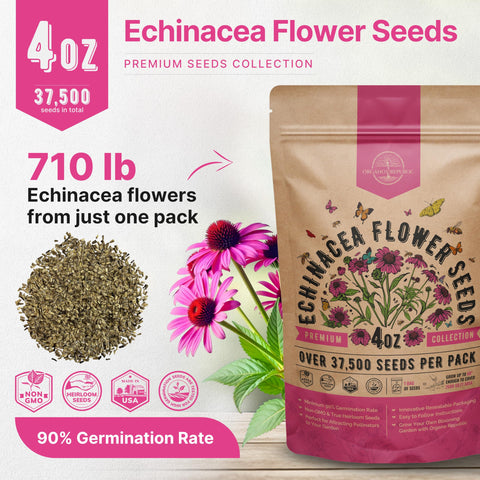 Organo Republic seed packet with QR code links to an online growing guide for echinacea.