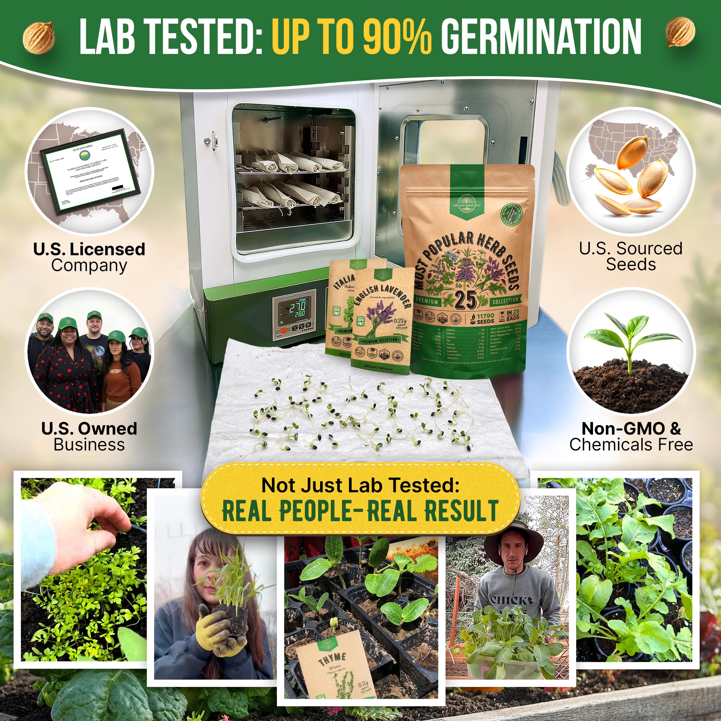 Organo Republic seed packets with labels and germination tips for easy planting.