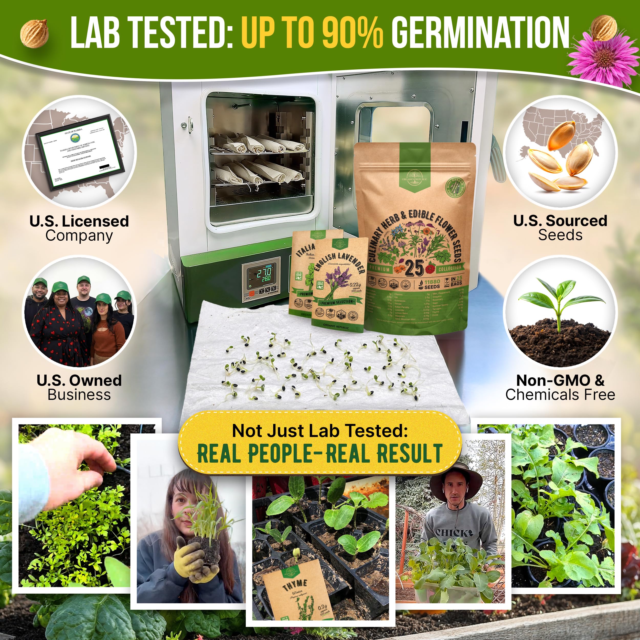 Organo Republic seed packets inside bag showing variety for indoor and outdoor planting.