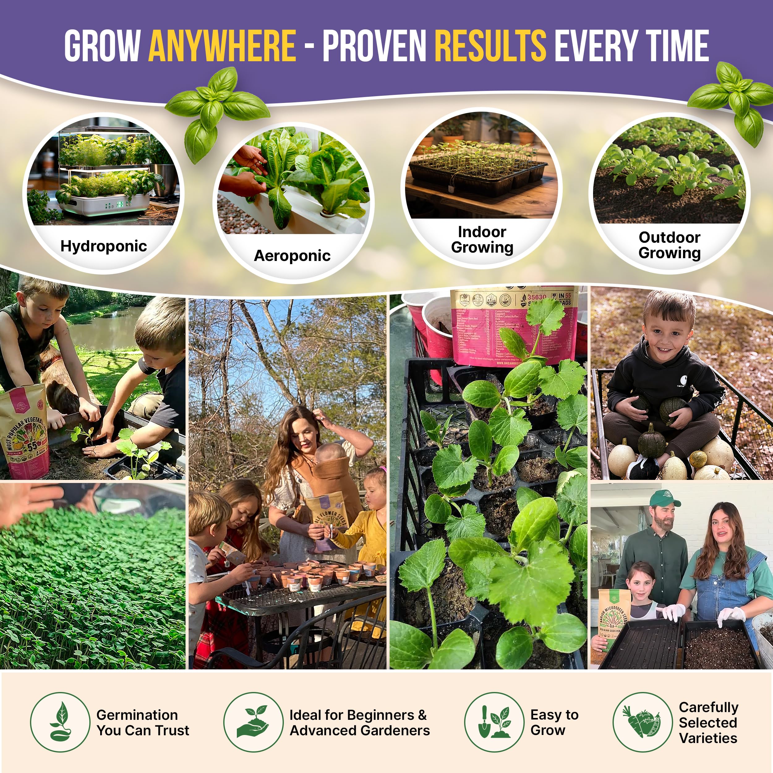 Organo Republic seed packets with QR codes; quick growing instructions