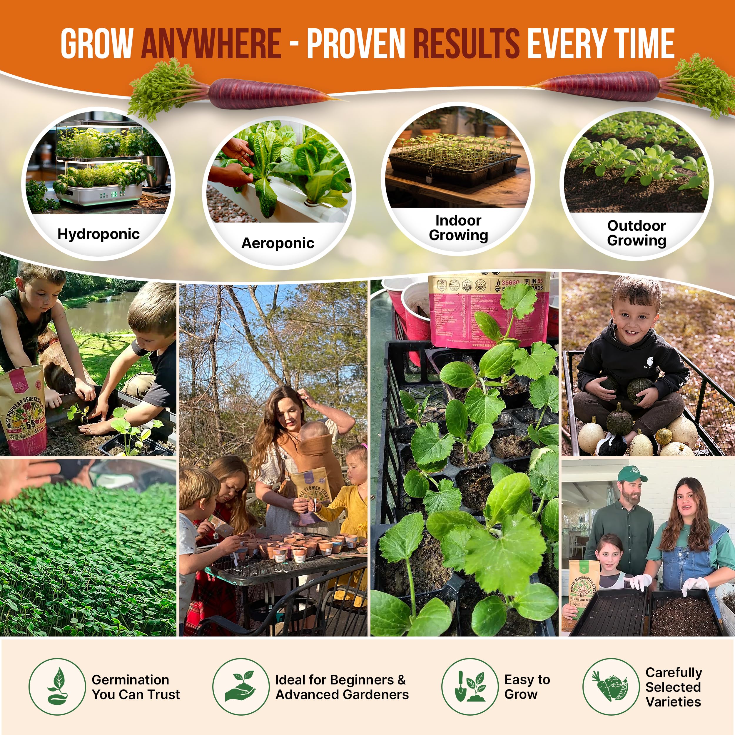 Seed packets feature QR guides for growing tips and simple carrot recipes.