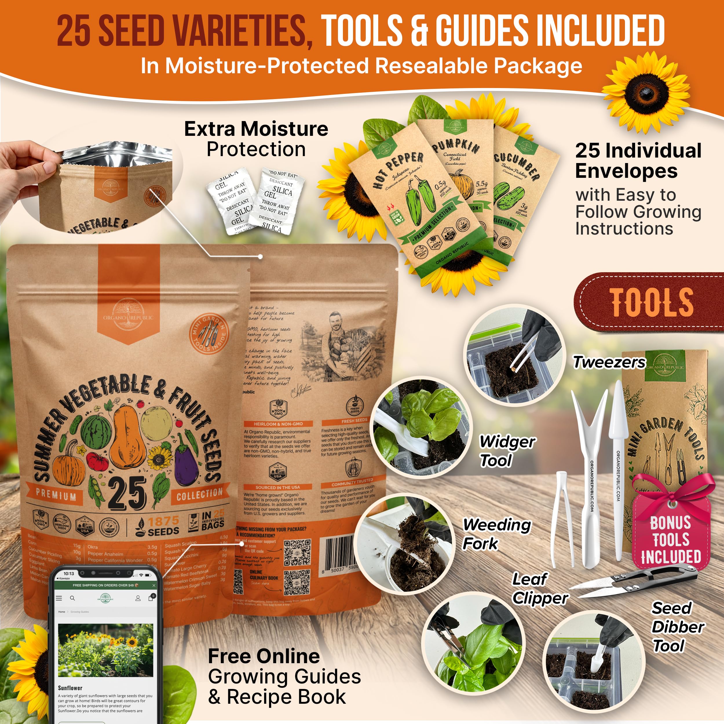 Organo Republic seed packets with QR guides for growing tips and recipes