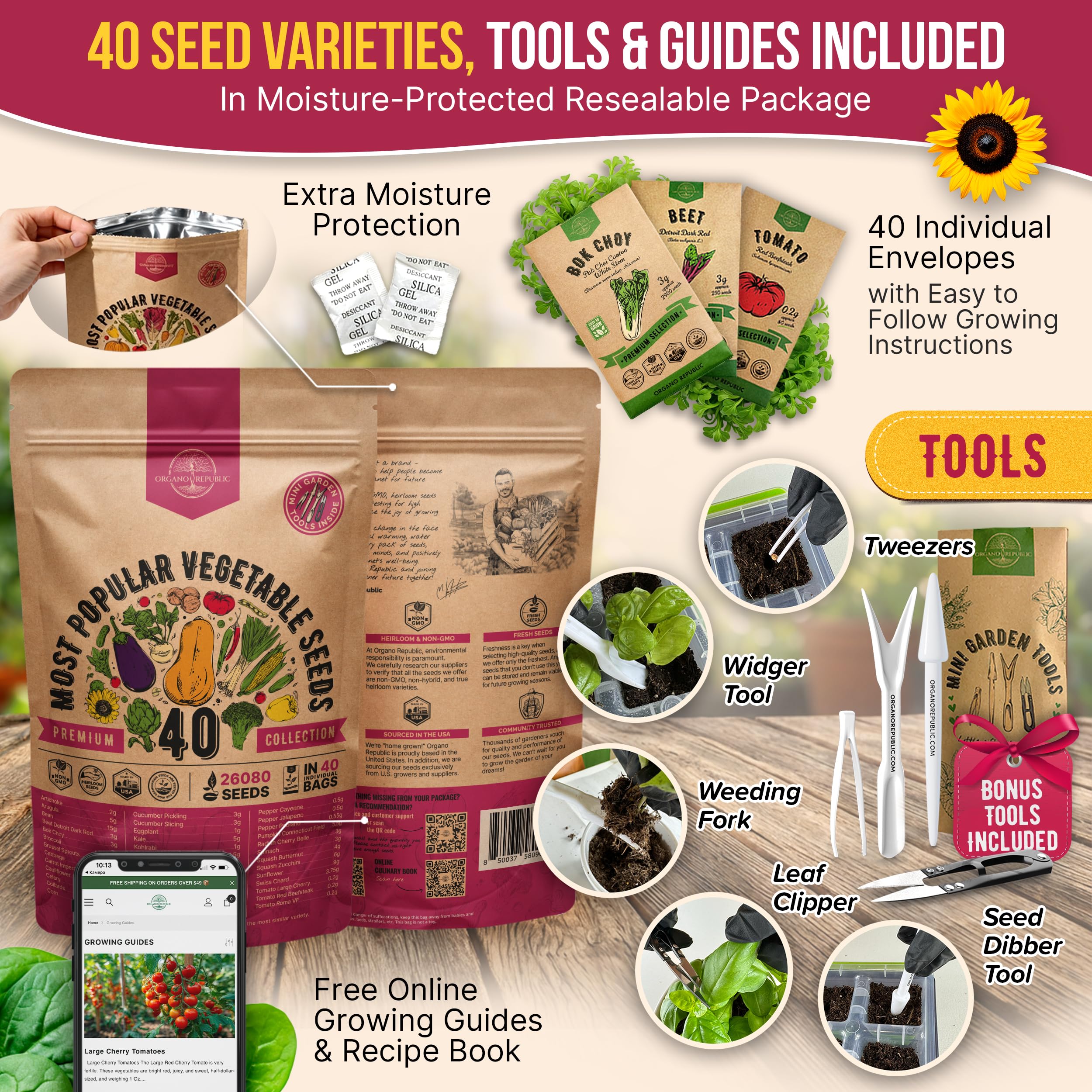 Seed packets featuring QR guide for growing tips and recipes from Organo Republic