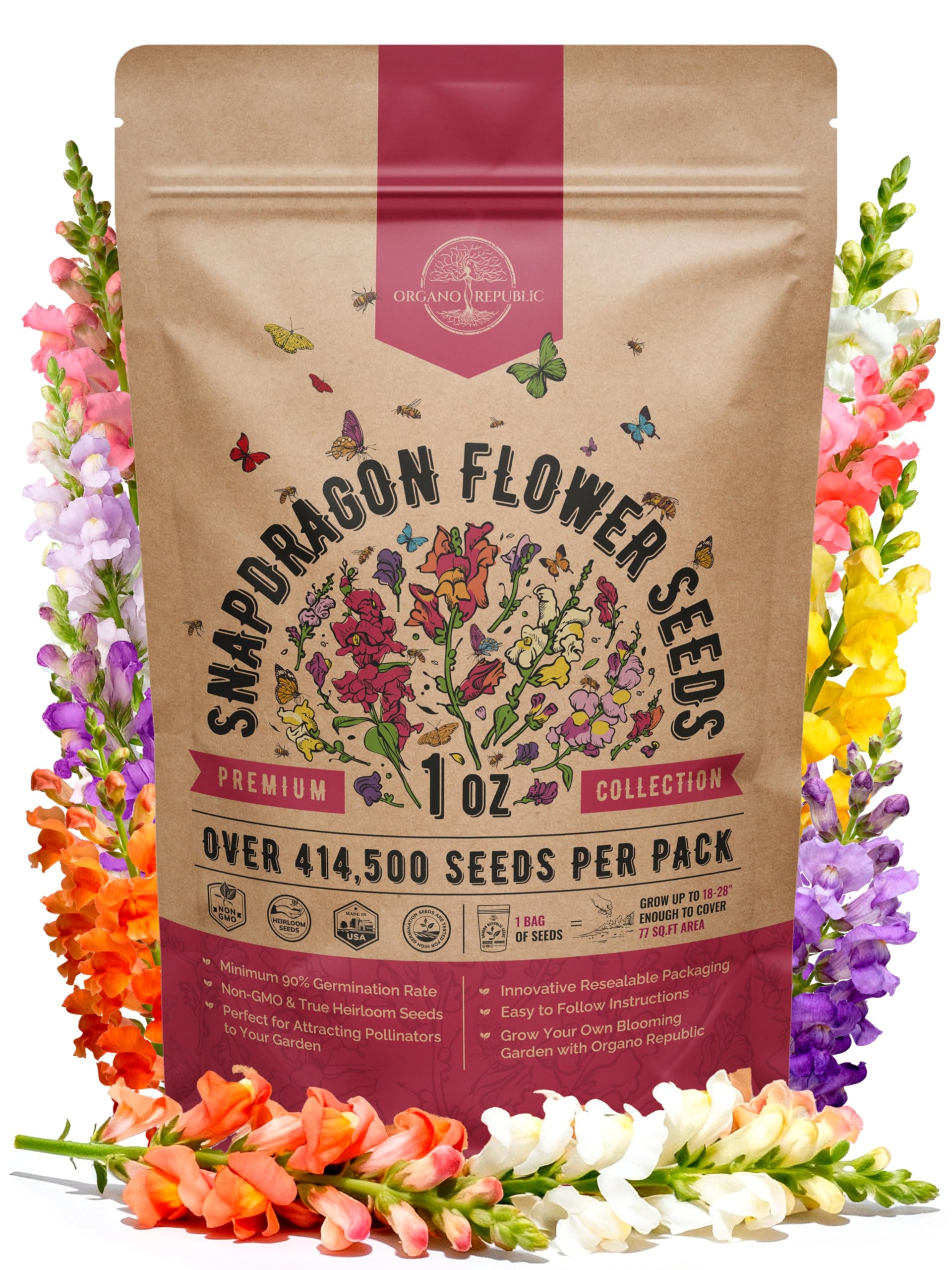 Organo Republic Snapdragon seeds 1oz pack ready for outdoor or indoor planting with high germination potential.