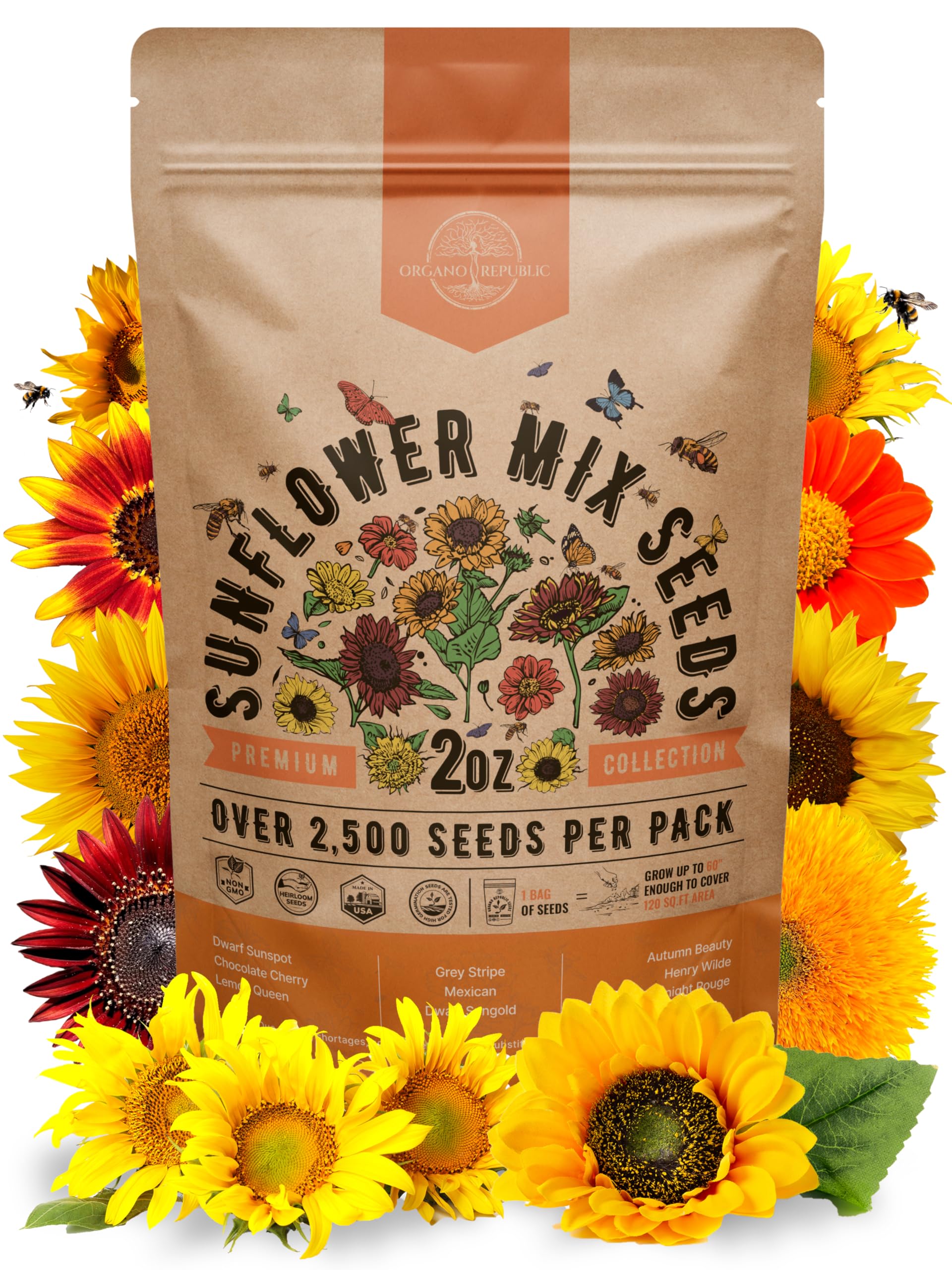 Organo Republic sunflower mix seeds pack displaying vibrant blooms for sunny gardens.