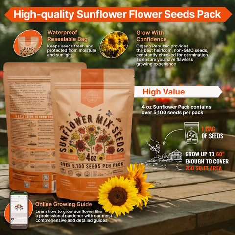 Organo Republic QR-guided sunflower growing guide on seed packet