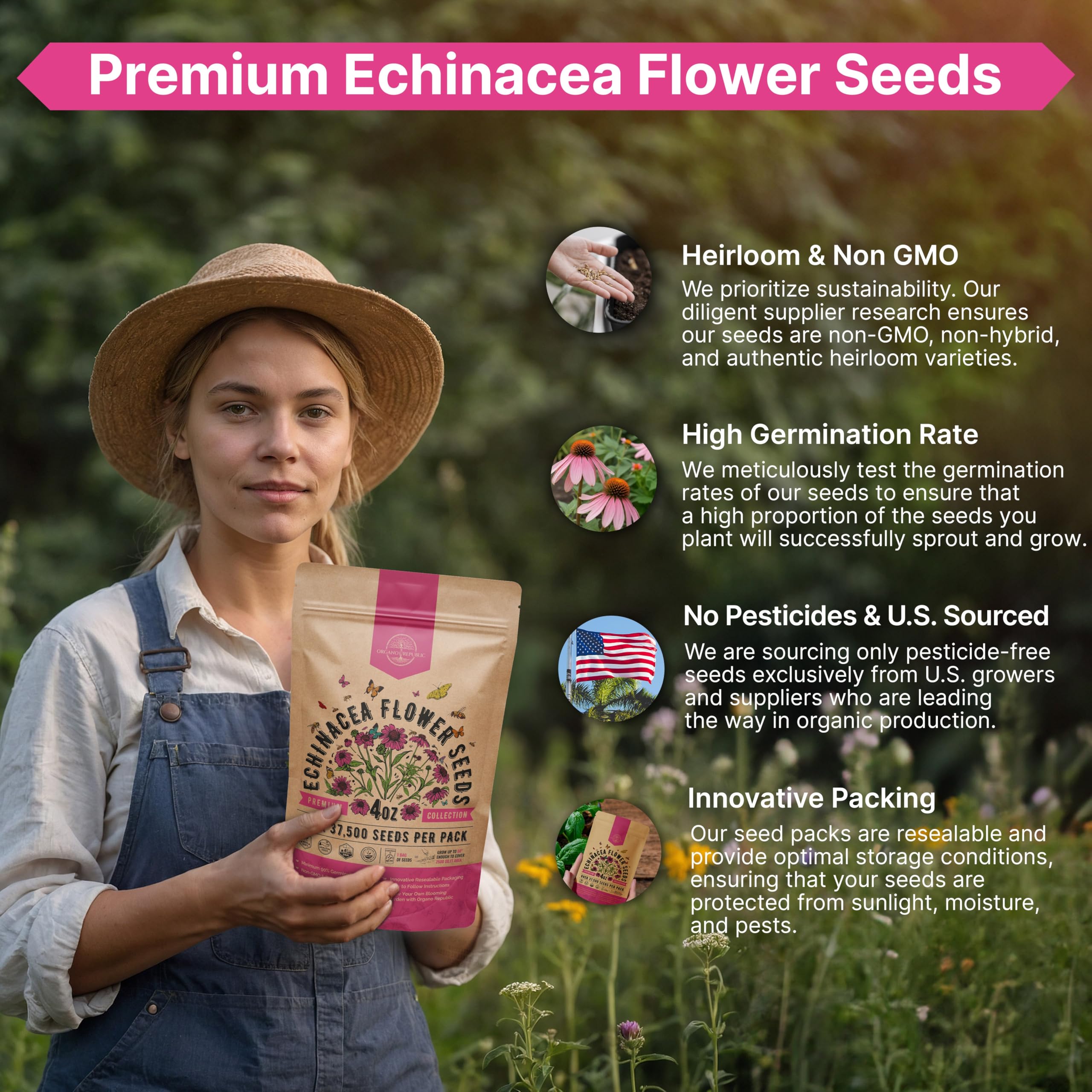Organo Republic US-sourced echinacea seeds from trusted growers.