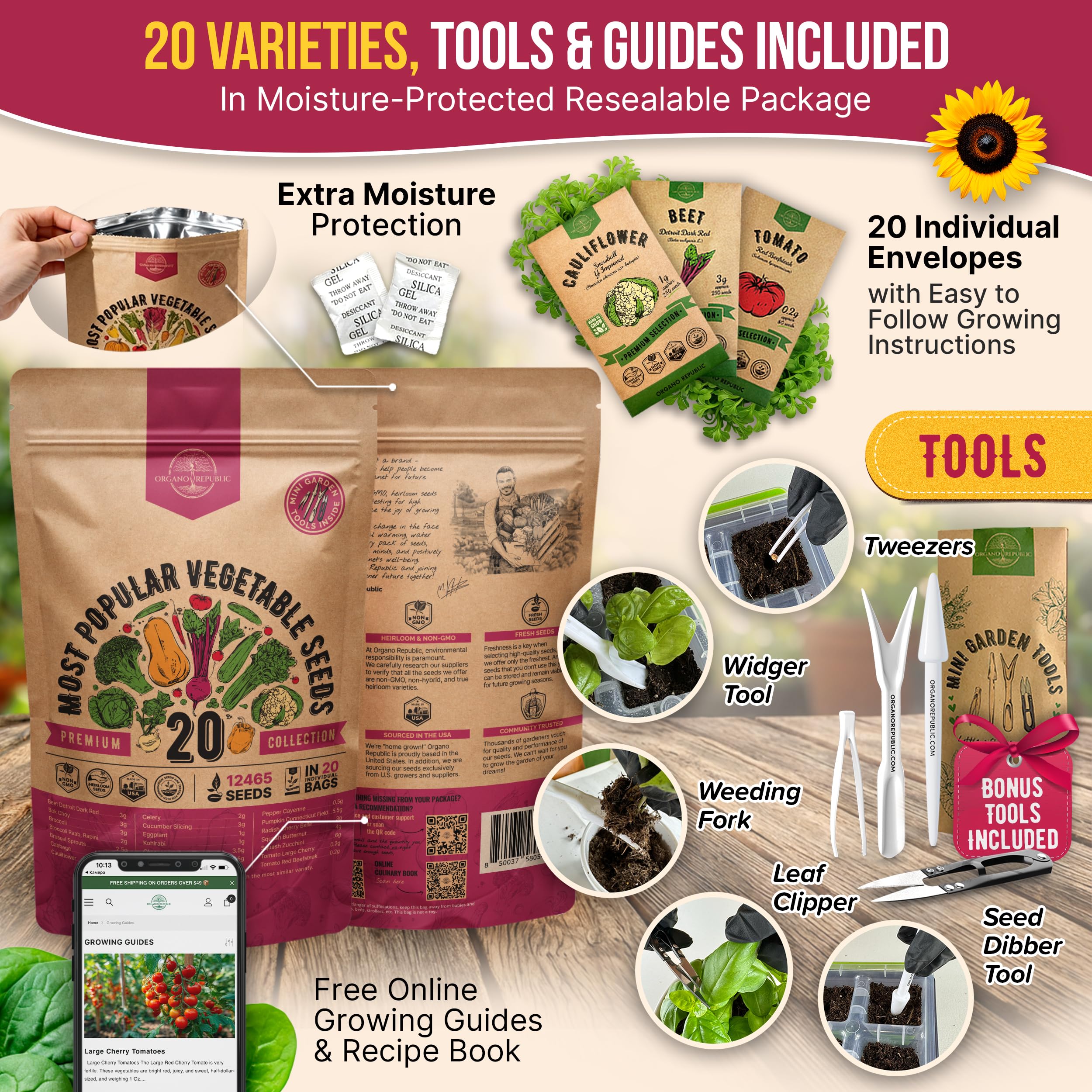 Organo Republic waterproof bag keeps seeds protected for long-term storage and easy planting.