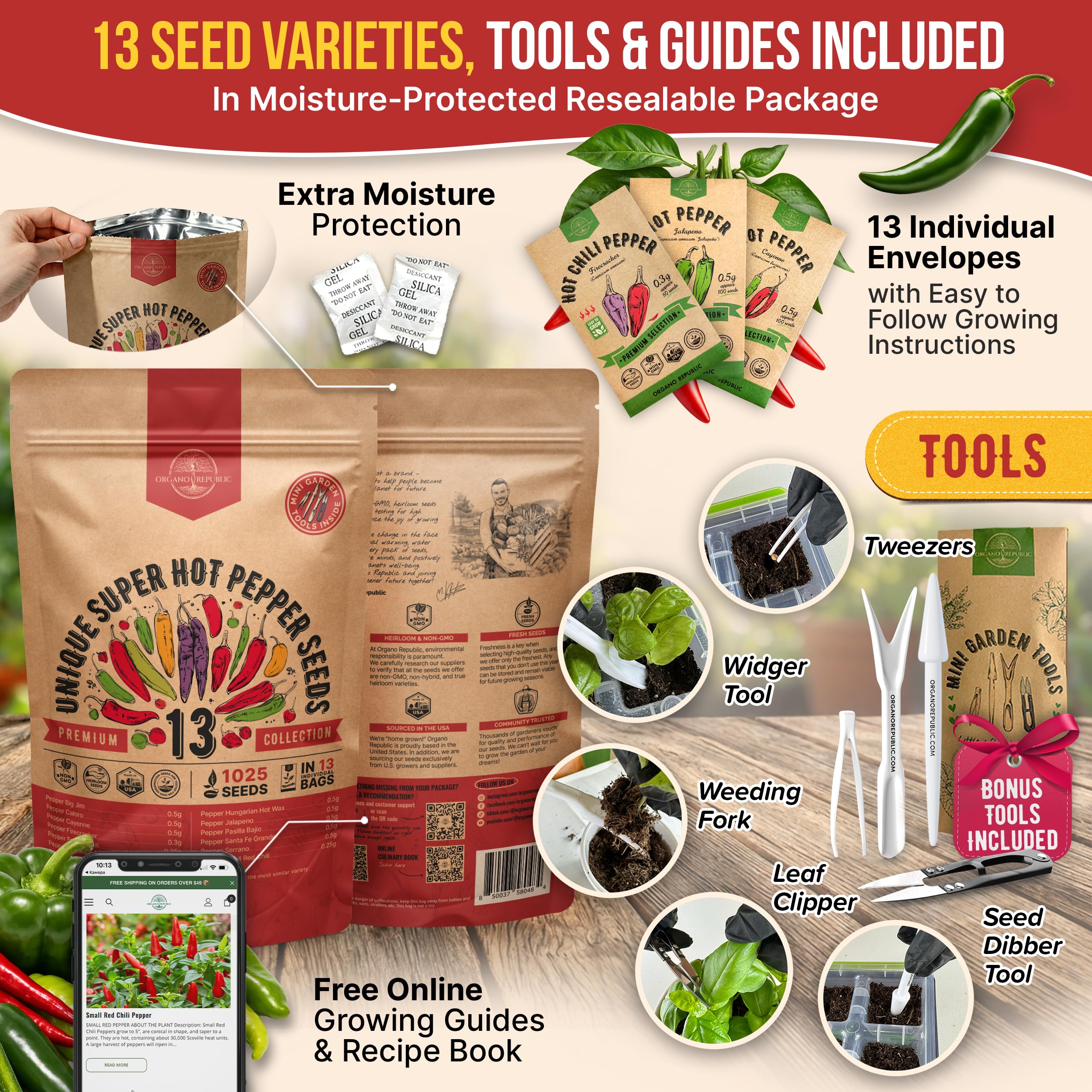 Organo Republic waterproof resealable bag keeps seeds fresh for storage and planting.