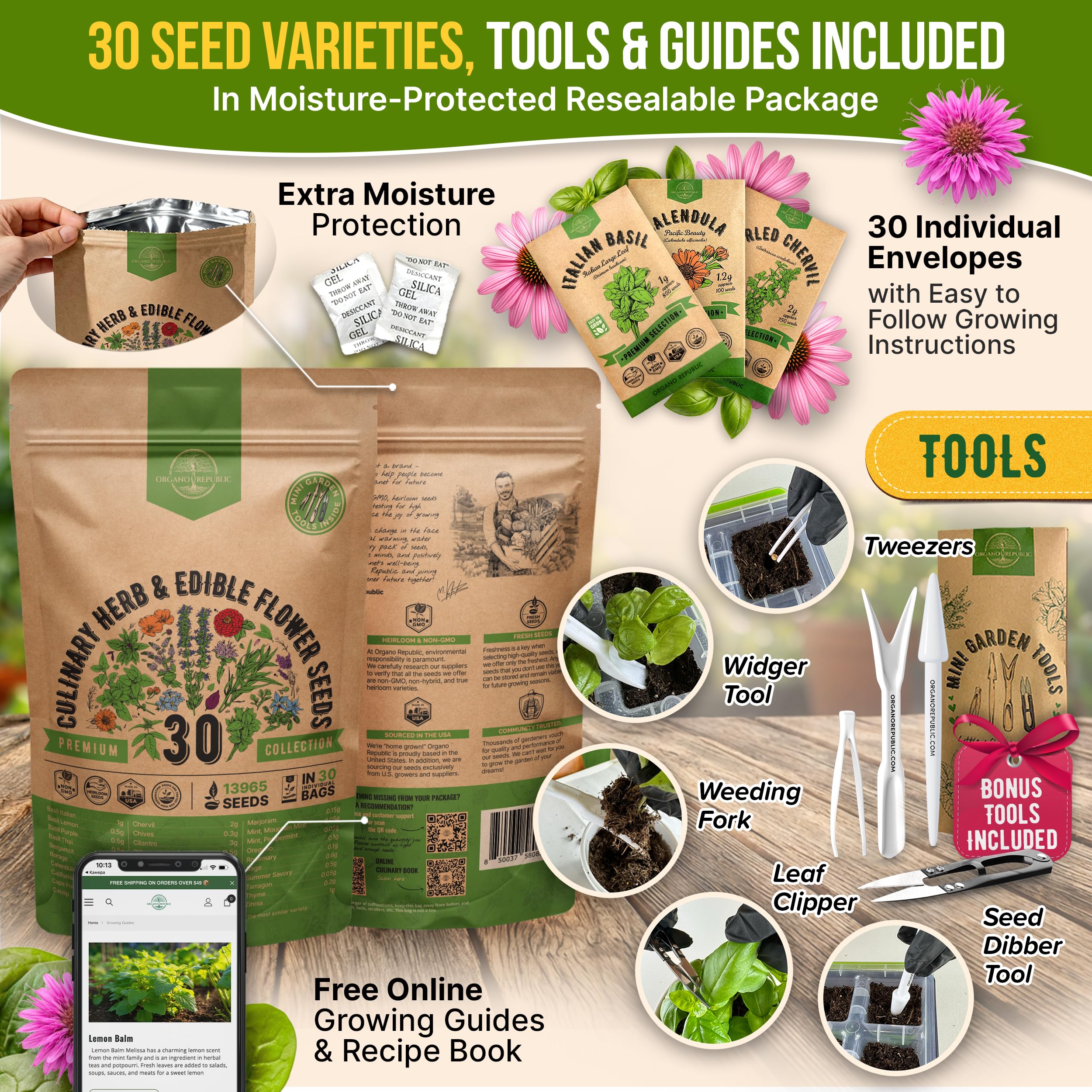Organo Republic waterproof resealable seed bag keeps seeds fresh for planting.
