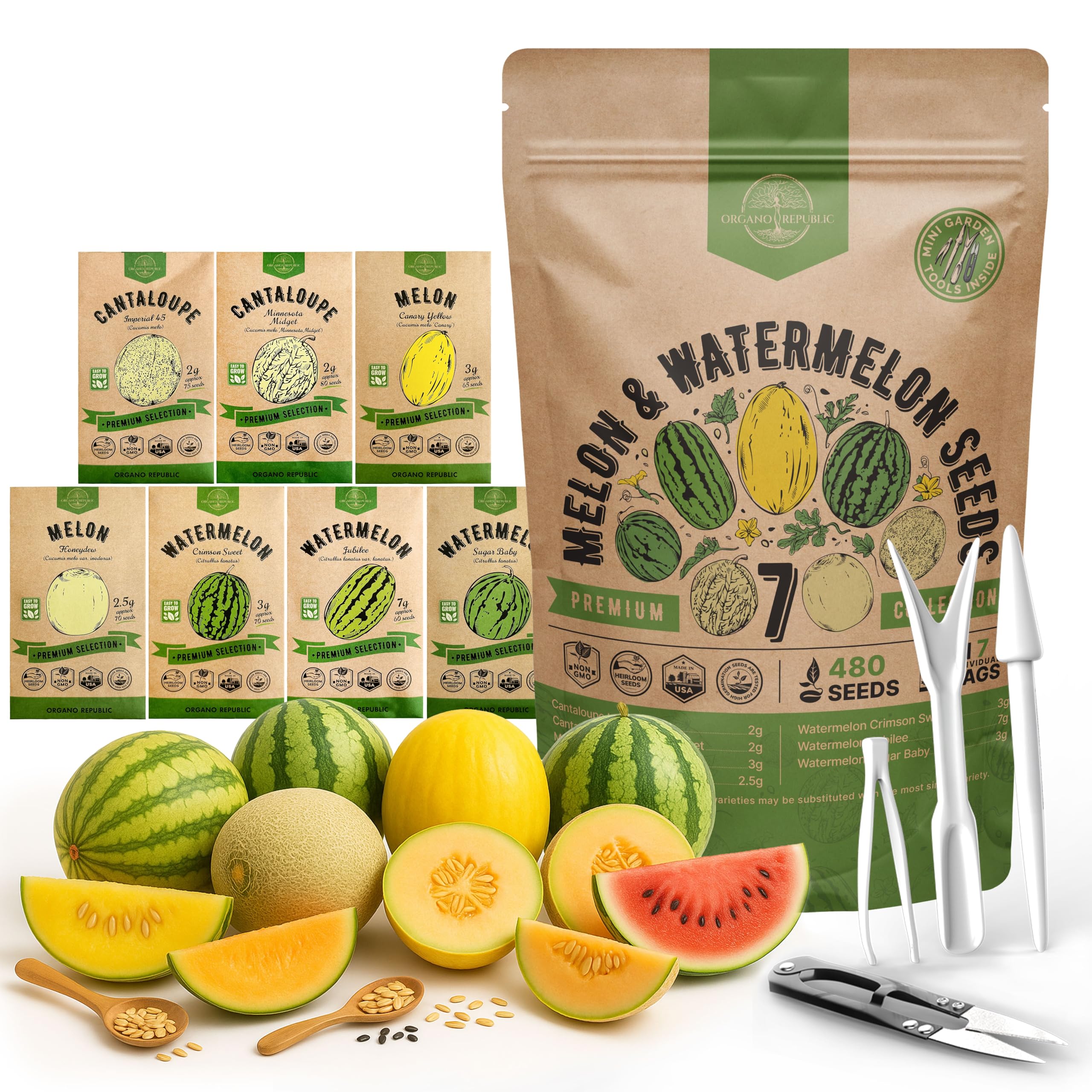 Organo Republic waterproof seed bag displaying seven heirloom melon and watermelon varieties for home gardening.