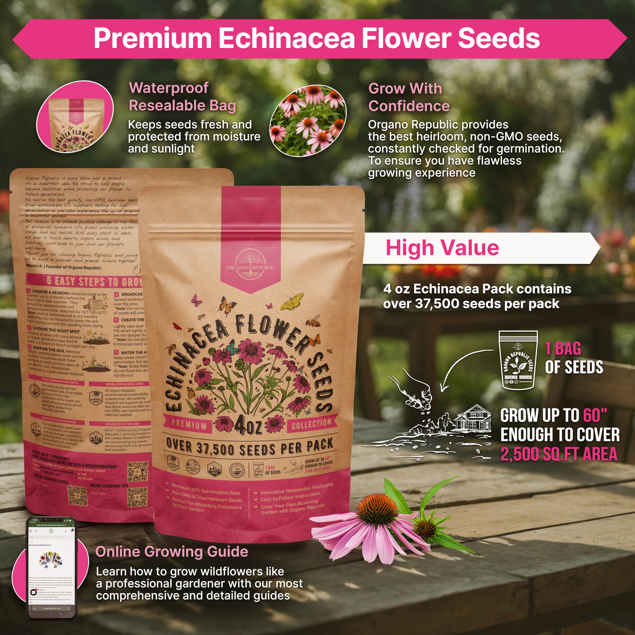 Organo Republic waterproof seed bag protects echinacea seeds during storage.