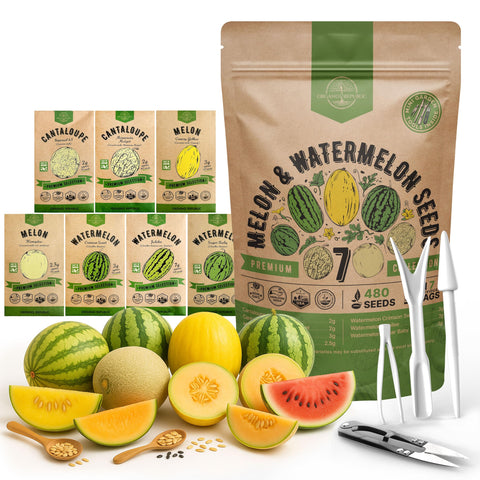 Organo Republic waterproof seed bag displaying seven heirloom melon and watermelon varieties for home gardening.