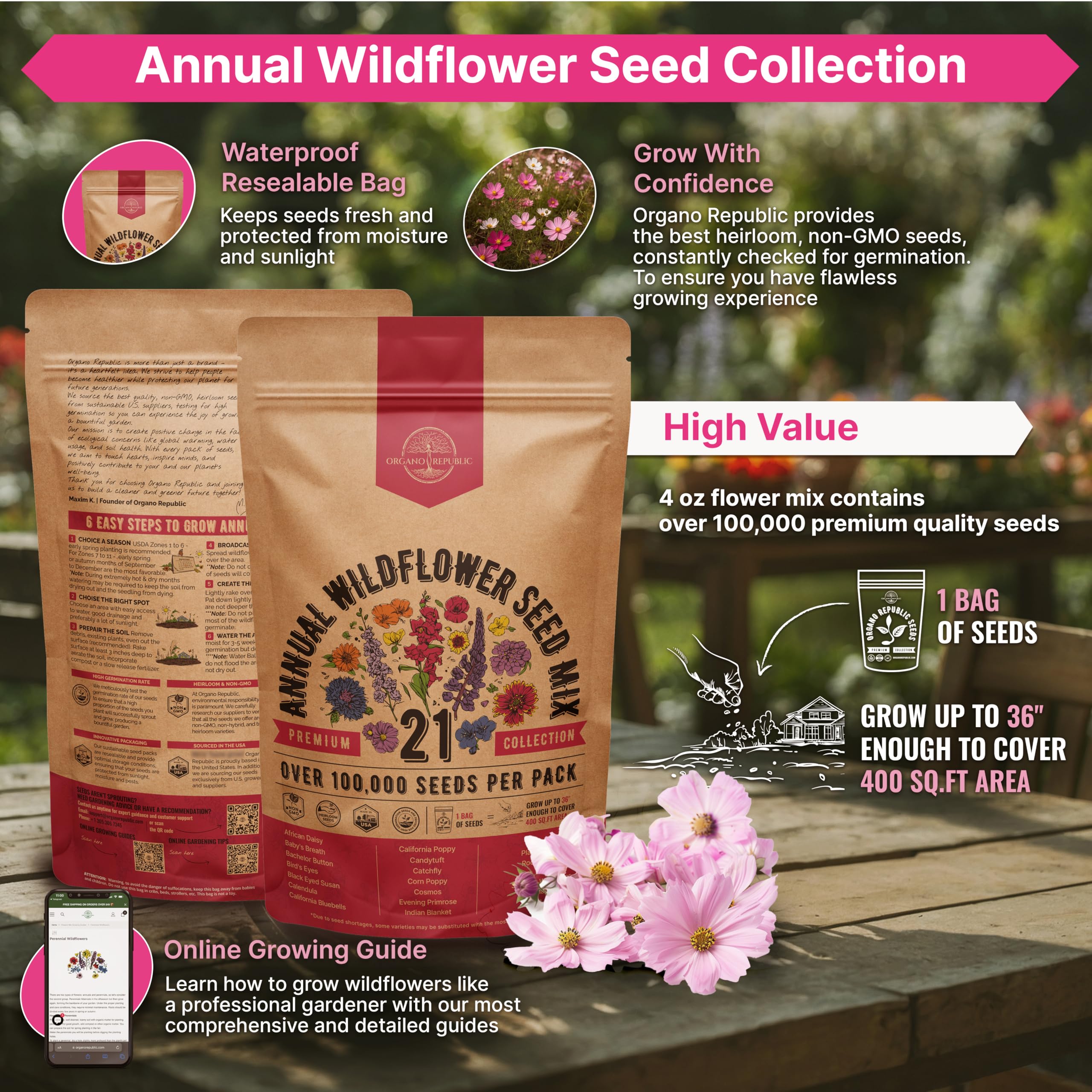 Organo Republic wildflower garden setup showing indoor and outdoor planting possibilities.
