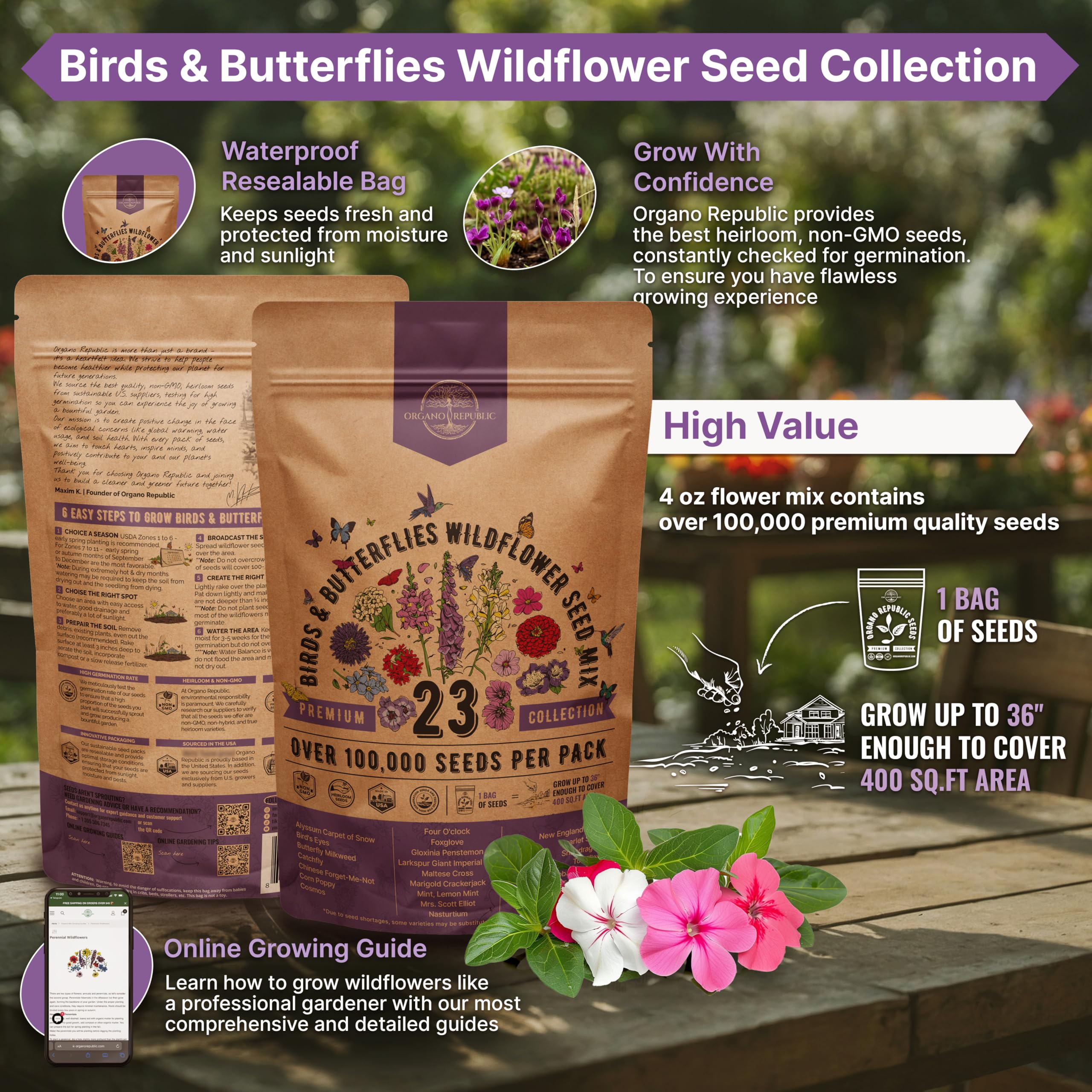 Organo Republic wildflower varieties closeup, diverse blooms for colorful garden beds.
