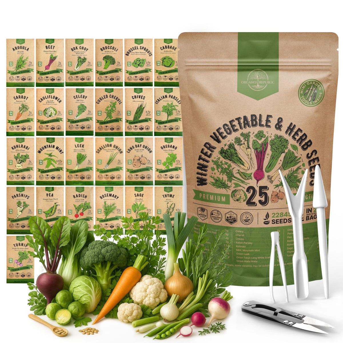 Organo Republic winter seed pack with 25 heirloom varieties for outdoor and indoor gardening.