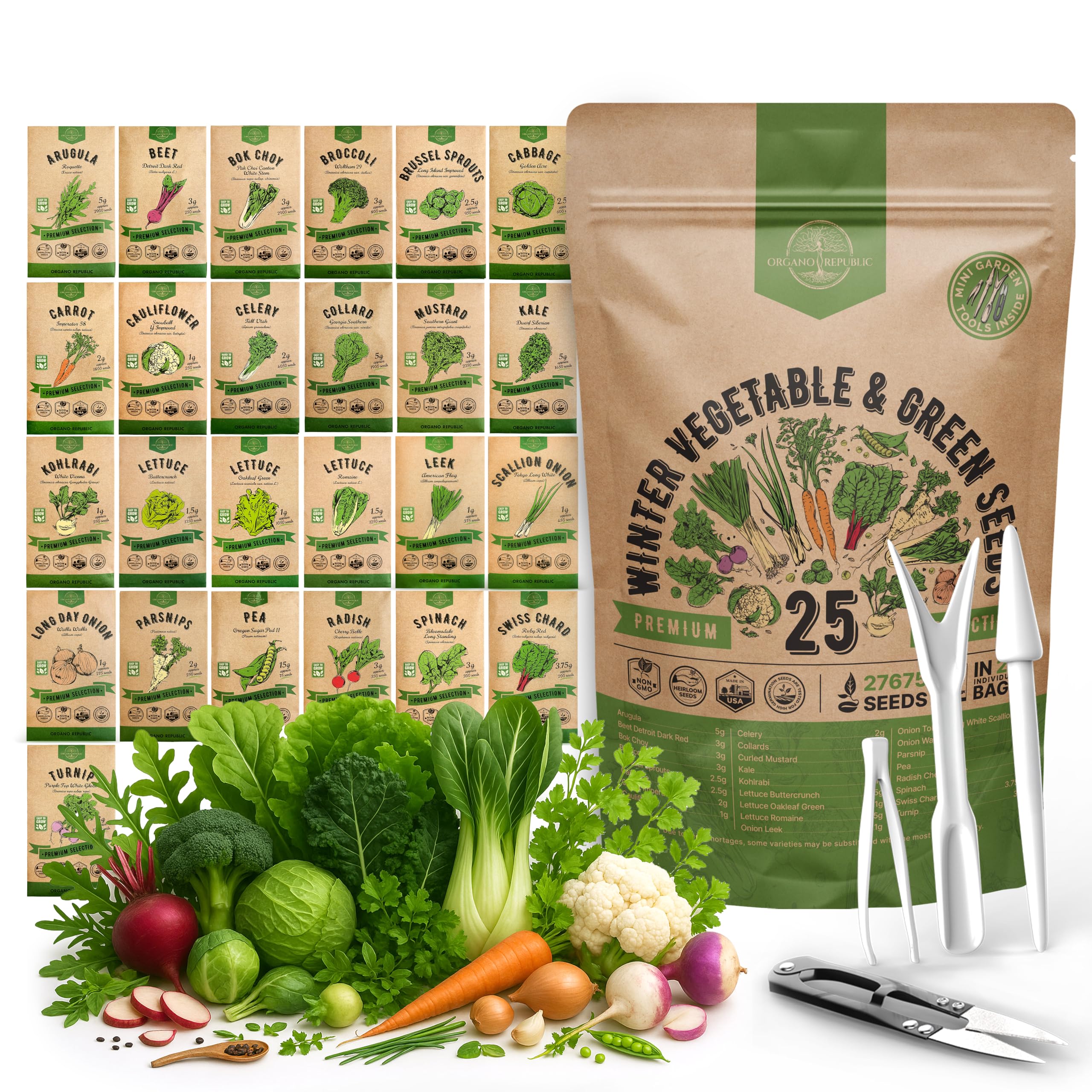Organo Republic winter seeds pack with diverse varieties for year-round harvest.