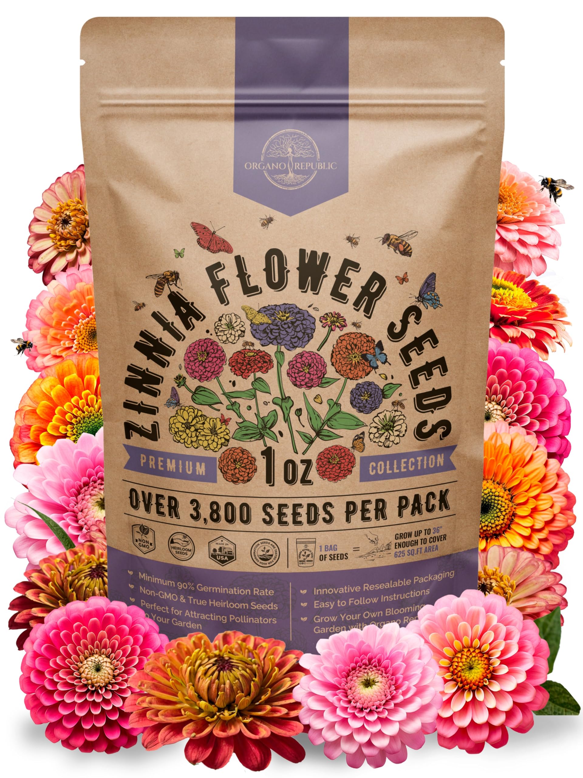 Organo Republic zinnia seeds pack image showing 1 oz of vibrant seeds for color-filled beds.