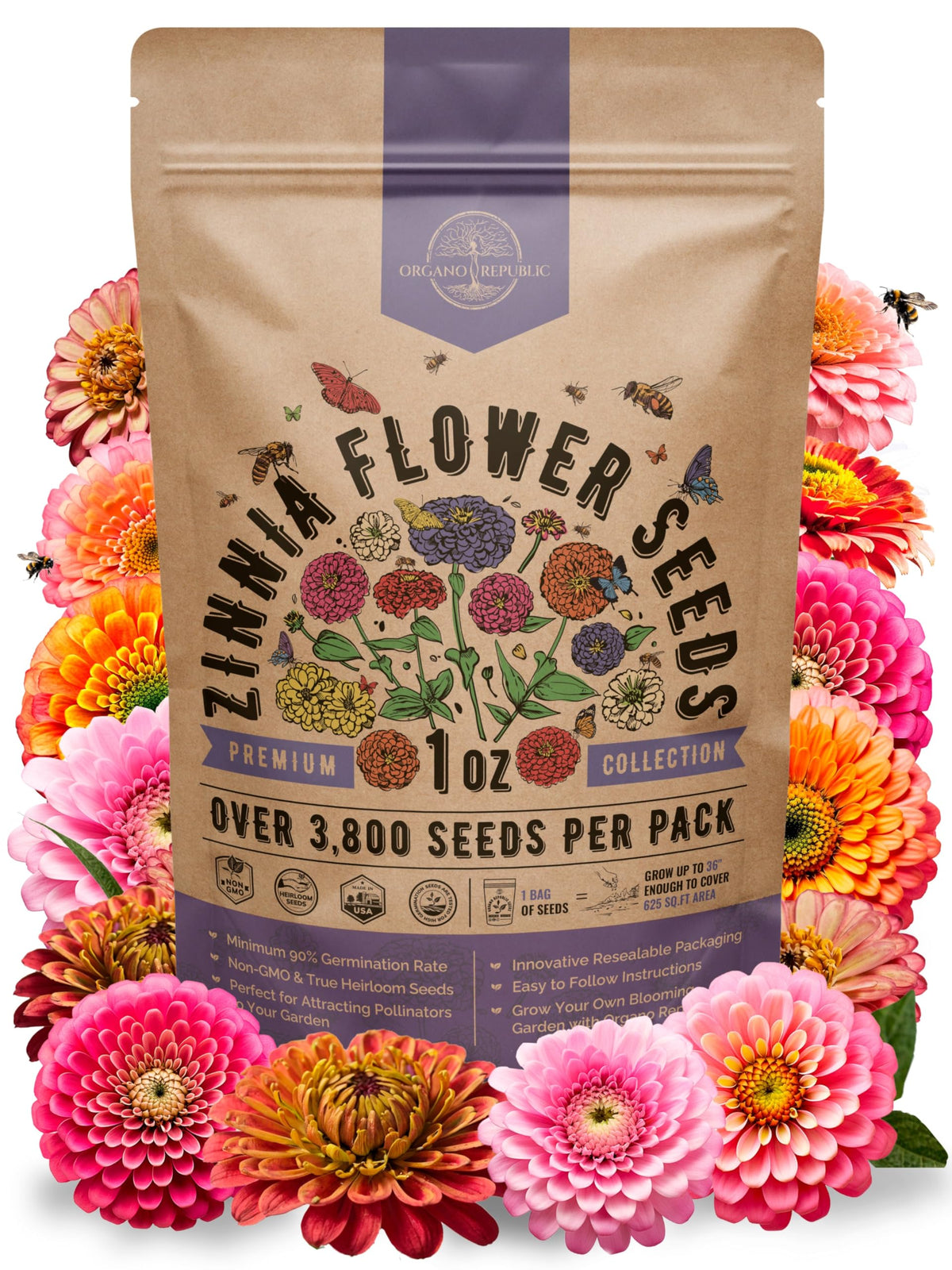 Organo Republic zinnia seeds pack image showing 1 oz of vibrant seeds for color-filled beds.