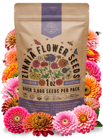 Organo Republic zinnia seeds pack image showing 1 oz of vibrant seeds for color-filled beds.