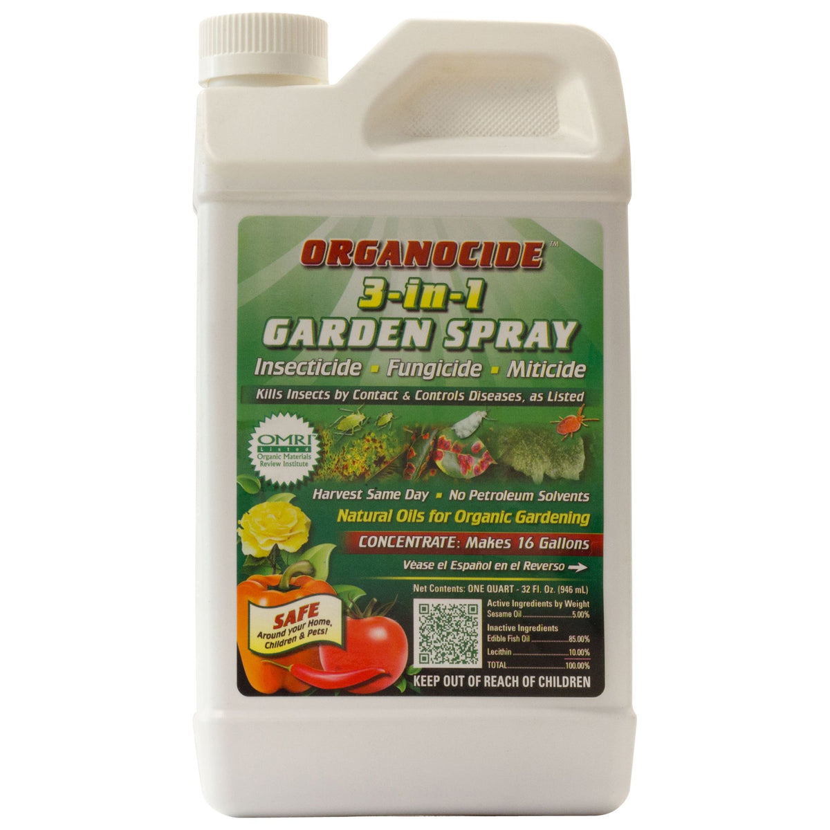 Organocide 3-in-1 garden spray bottle for pest and powdery mildew control in home gardens.
