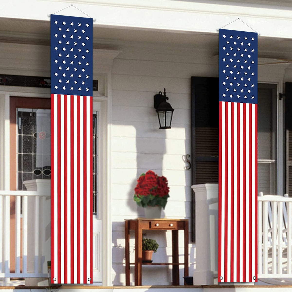 ORIENTAL CHERRY 4th of July banner on a door for festive porch appeal.
