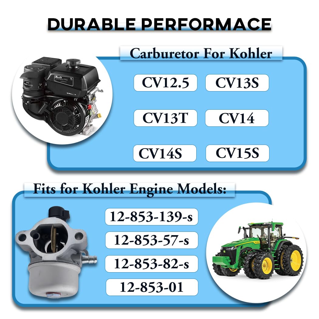 Oriental Power carburetor for Kohler CV14S and CV15S, top view highlights labeling.