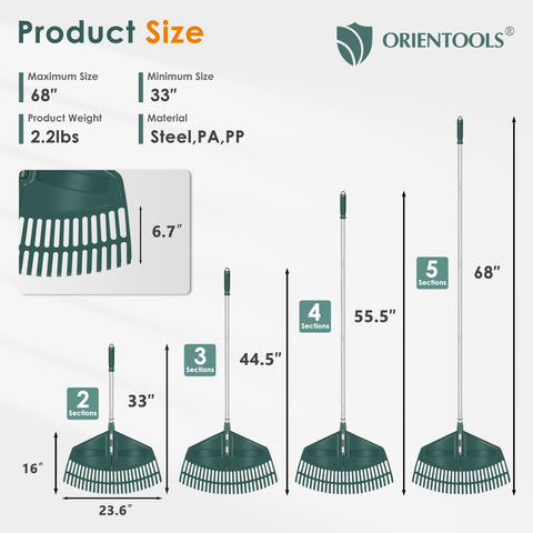 ORIENTOOLS 26-tine rake head close-up highlights a sturdy plastic head for durable lawn care.
