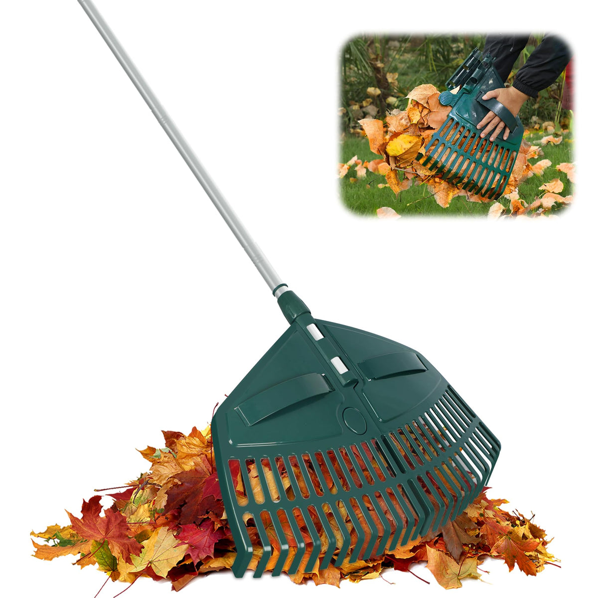ORIENTOOLS 69-inch adjustable leaf rake assembly enables quick setup and space-saving storage.