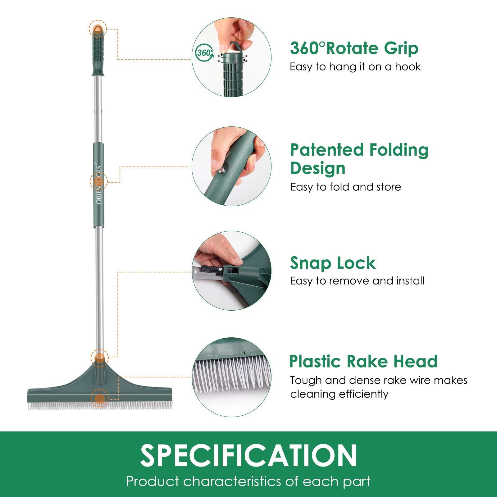 ORIENTOOLS rake with stainless steel handle for durable outdoor use.