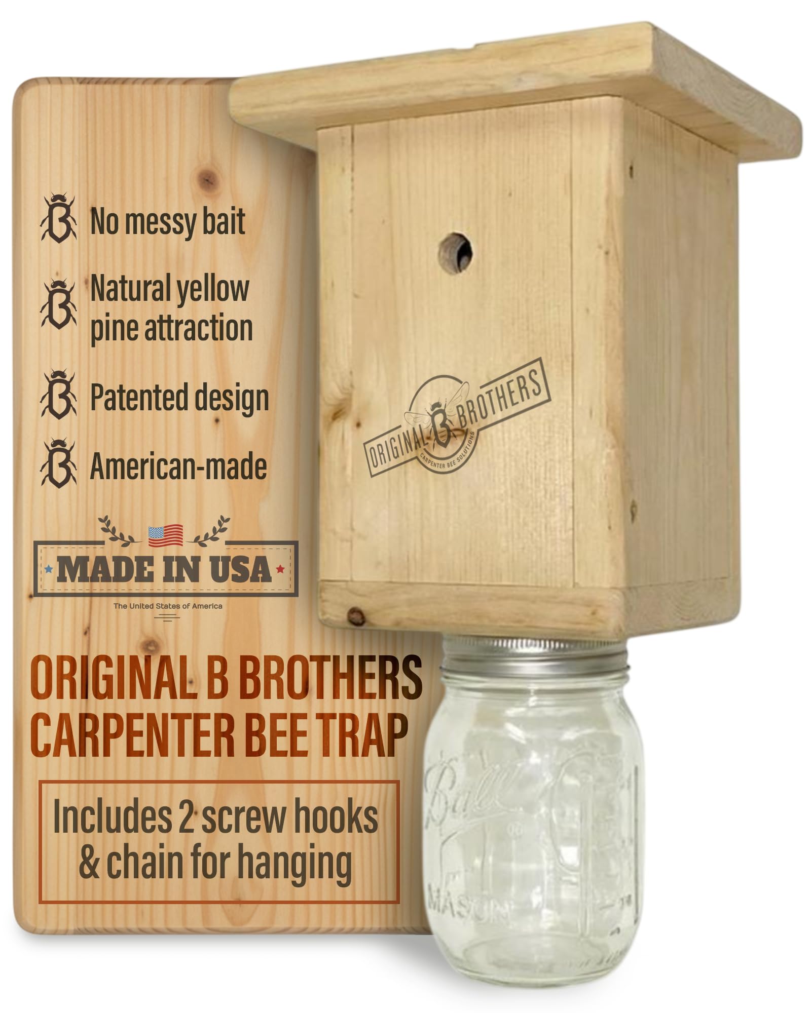 Original B Brothers carpenter bee trap front view helps reduce swarm activity around exterior wood.