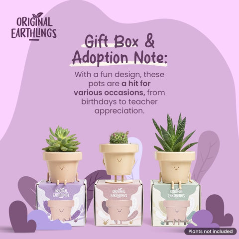 Original Earthlings plastic funny planter with drainage, supports moisture control for plants.