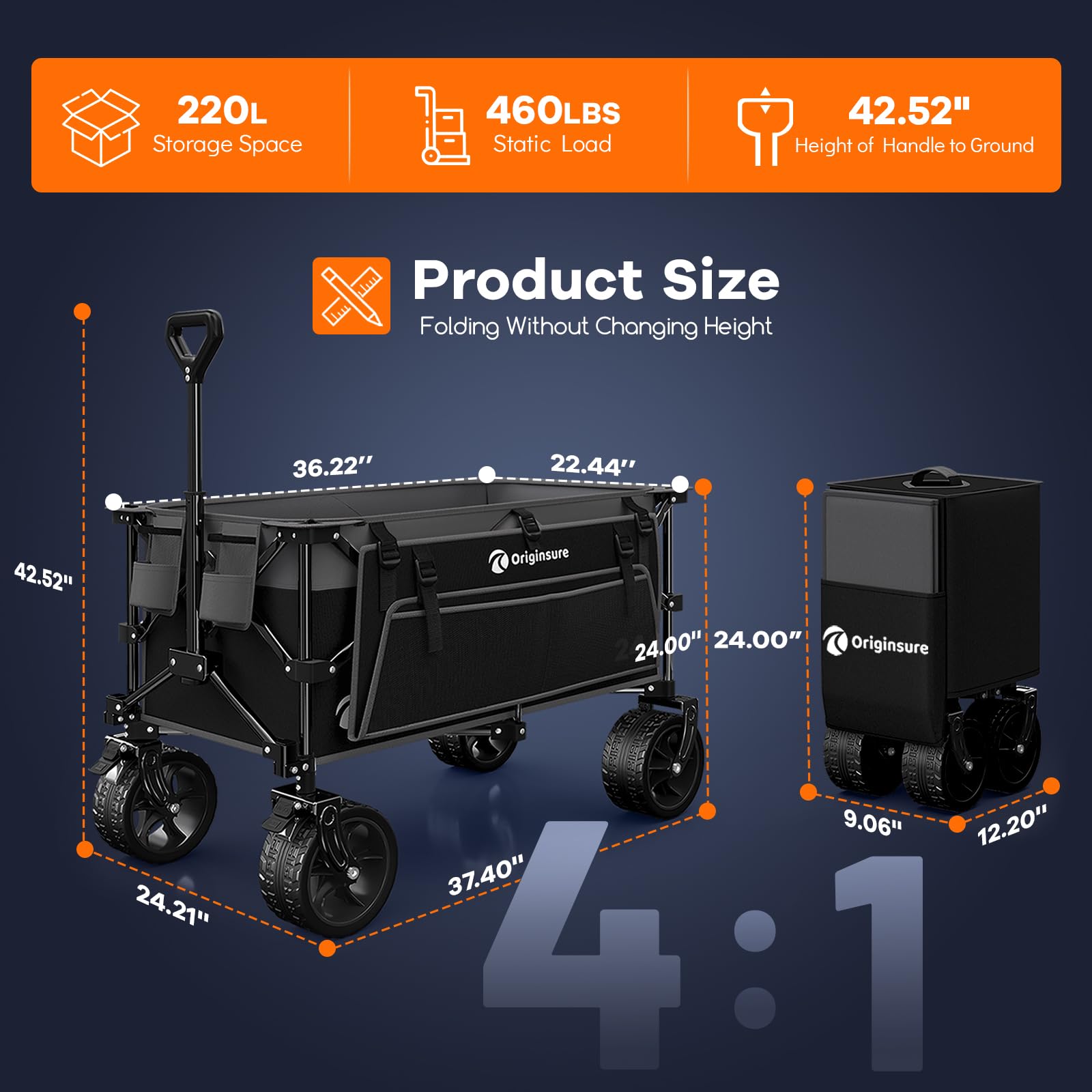 Originsure all-terrain wheels roll smoothly on grass and sand.