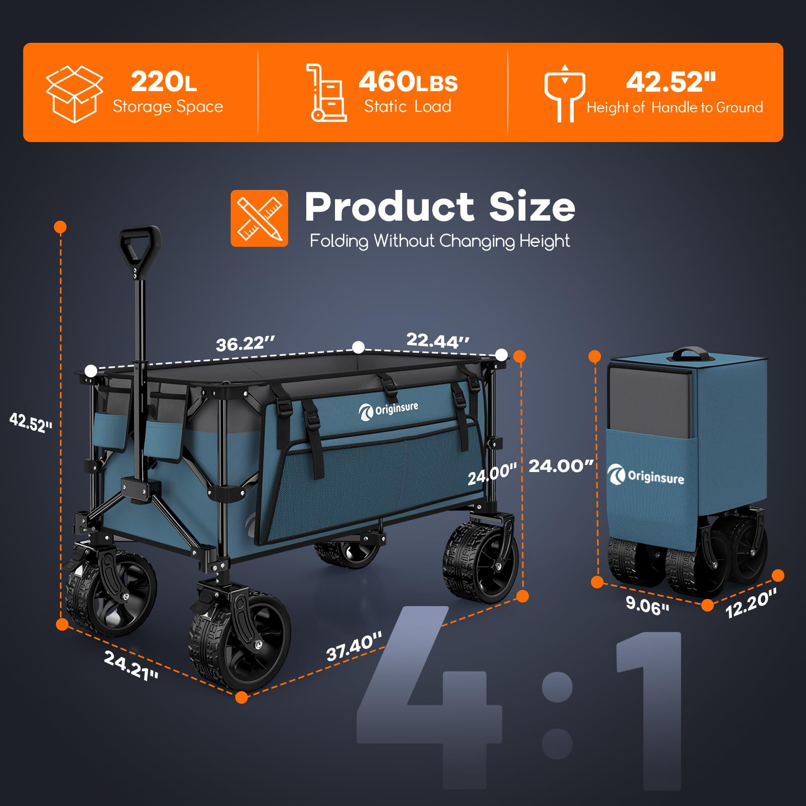 Originsure wagon in compact folded size for trunk storage.