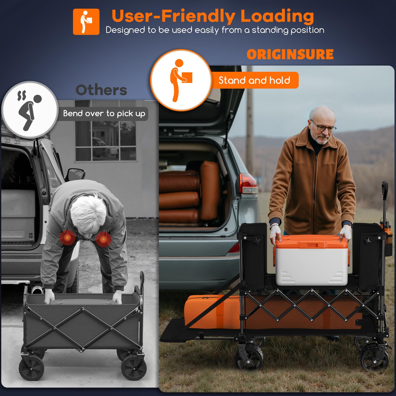 Originsure all-terrain wheels 7x4 inches enable smooth rolling on sand.